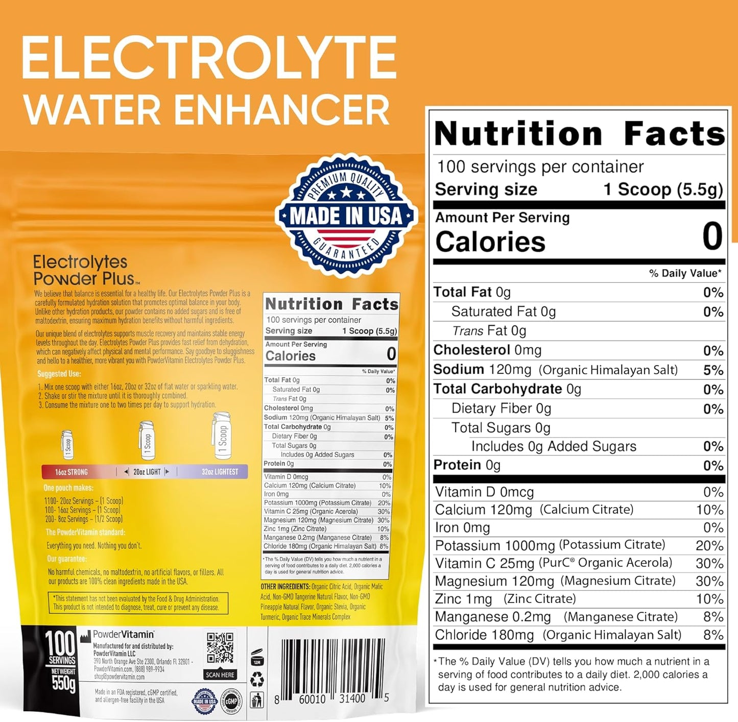 Tangerine Pineapple Electrolyte Powder - 100 Servings, Zero Calorie Keto Hydration Supplement with Potassium, Calcium, Magnesium