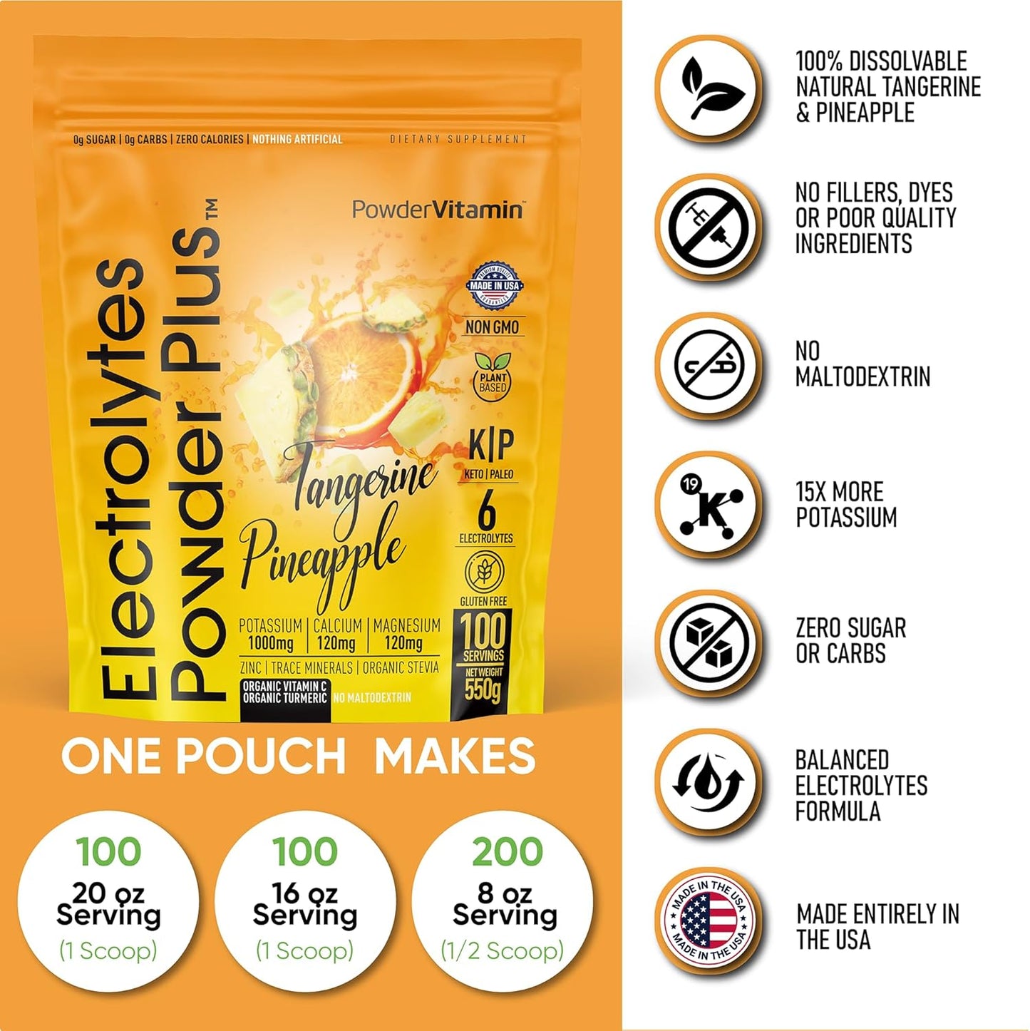 Tangerine Pineapple Electrolyte Powder - 100 Servings, Zero Calorie Keto Hydration Supplement with Potassium, Calcium, Magnesium
