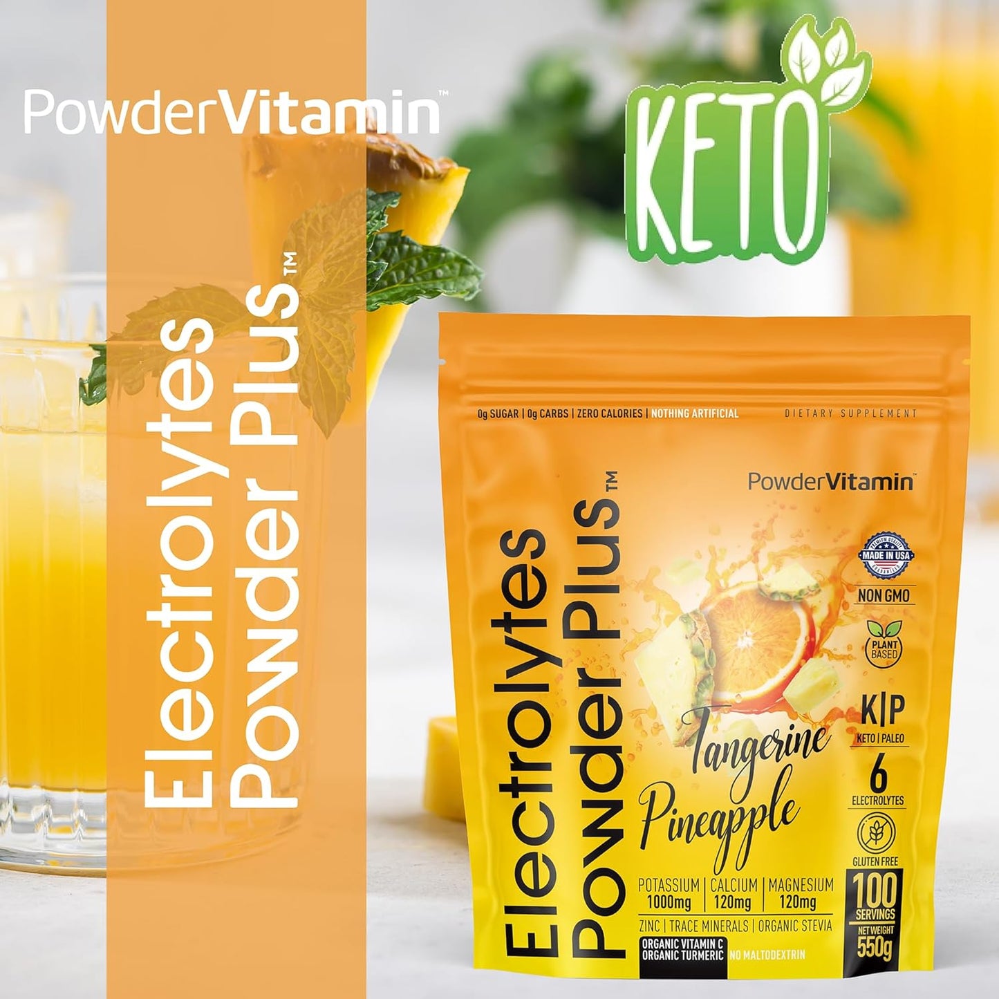 Tangerine Pineapple Electrolyte Powder - 100 Servings, Zero Calorie Keto Hydration Supplement with Potassium, Calcium, Magnesium
