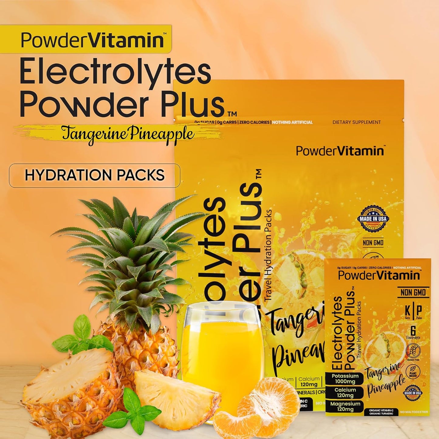 Tangerine Pineapple Electrolyte Powder with 1000mg Potassium, Keto-Friendly, Sugar-Free - 30 Packets