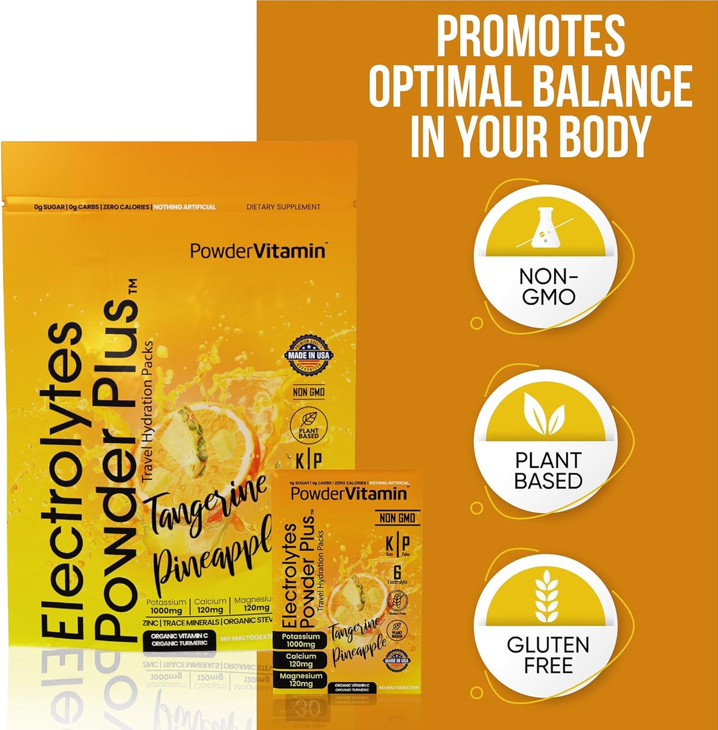 Tangerine Pineapple Electrolyte Powder with 1000mg Potassium, Keto-Friendly, Sugar-Free - 30 Packets