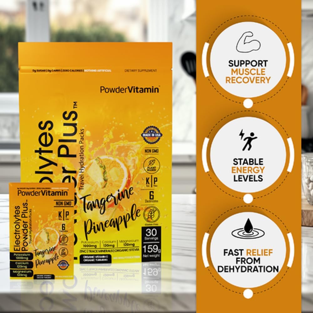 Tangerine Pineapple Electrolyte Powder with 1000mg Potassium, Keto-Friendly, Sugar-Free - 30 Packets