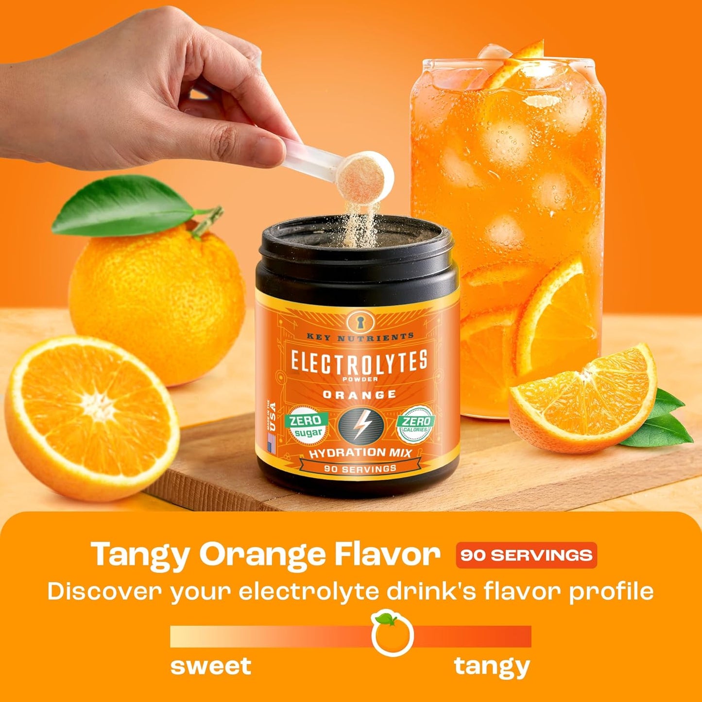 Tangy Orange Electrolyte Powder with Key Nutrients - USA Made Hydration Supplement for Endurance & Energy - No Sugar, No Calories - 90 Servings