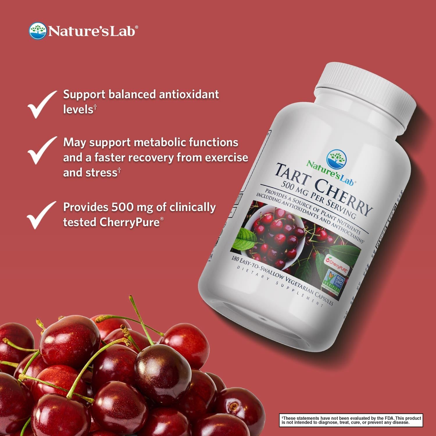 Tart Cherry 500mg Capsules - Rich in Antioxidants & Flavonoids, Supports Metabolism & Overall Health - Non-GMO, Vegan, Gluten Free - 180 Count