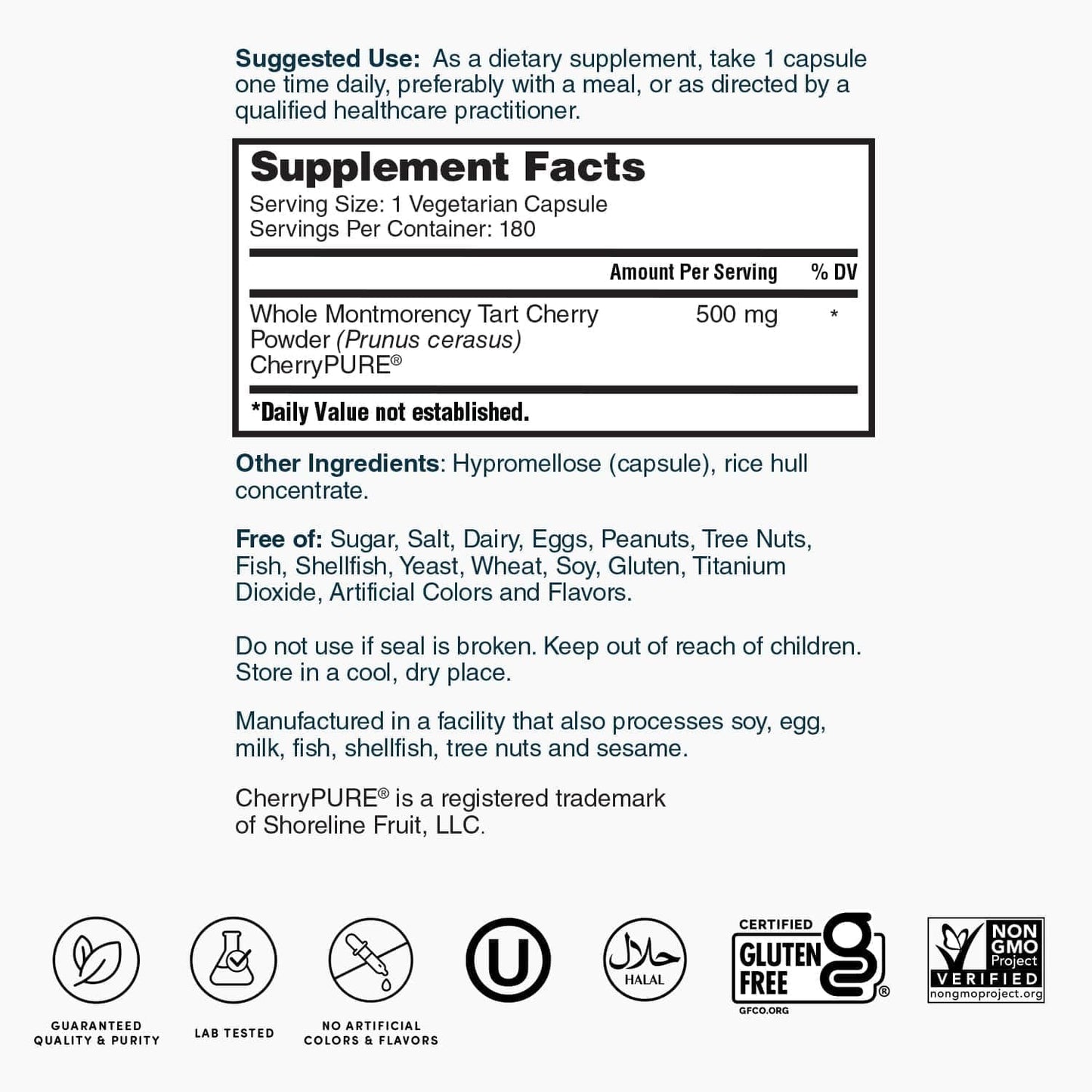 Tart Cherry 500mg Capsules - Rich in Antioxidants & Flavonoids, Supports Metabolism & Overall Health - Non-GMO, Vegan, Gluten Free - 180 Count
