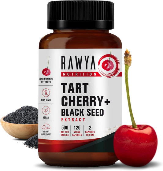 Tart Cherry and Black Seed Powder Capsules, 500mg - 120 Count, Gluten-Free Bottle Packaging by RAWYA Nutrition
