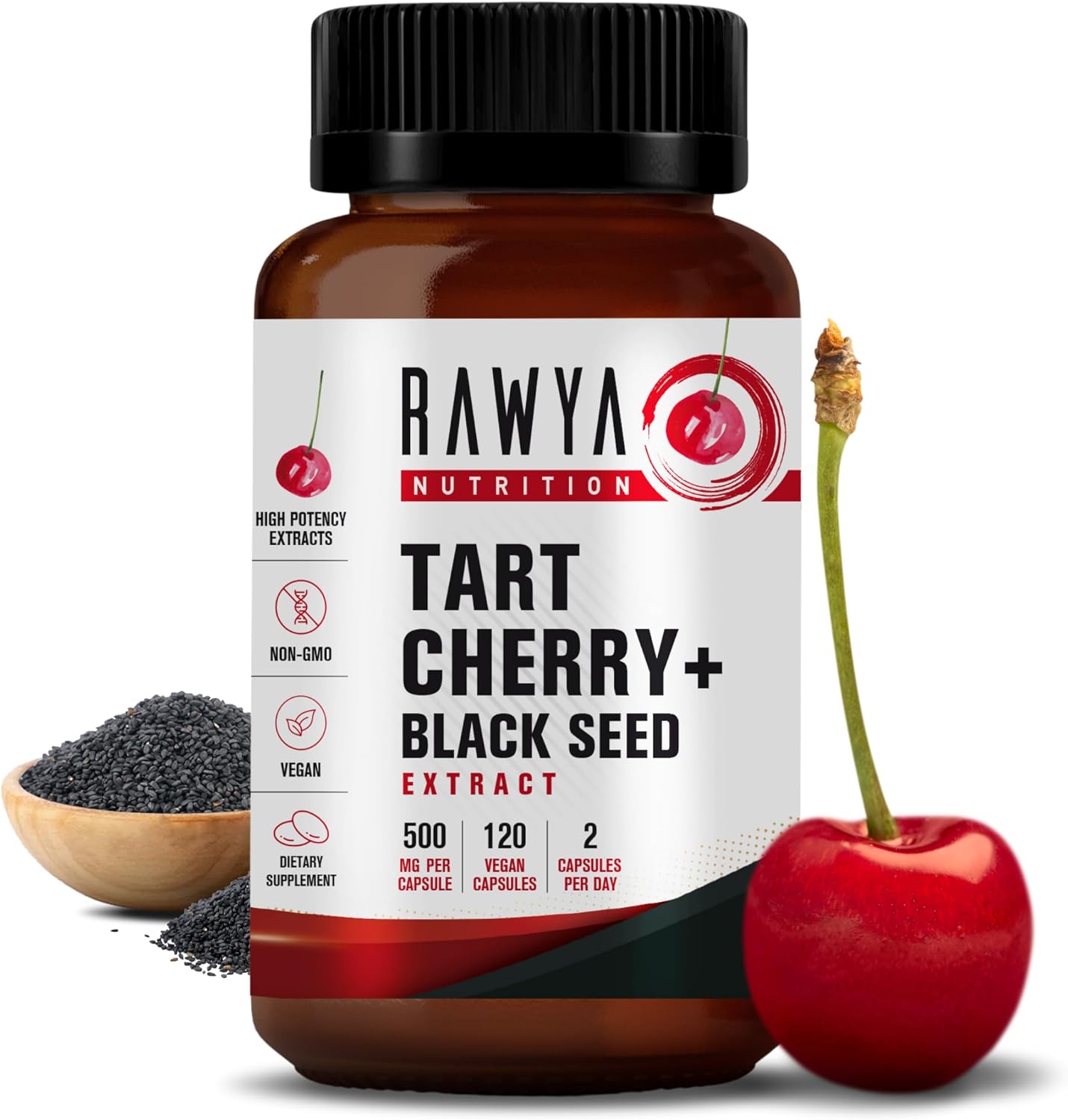 Tart Cherry and Black Seed Powder Capsules, 500mg - 120 Count, Gluten-Free Bottle Packaging by RAWYA Nutrition