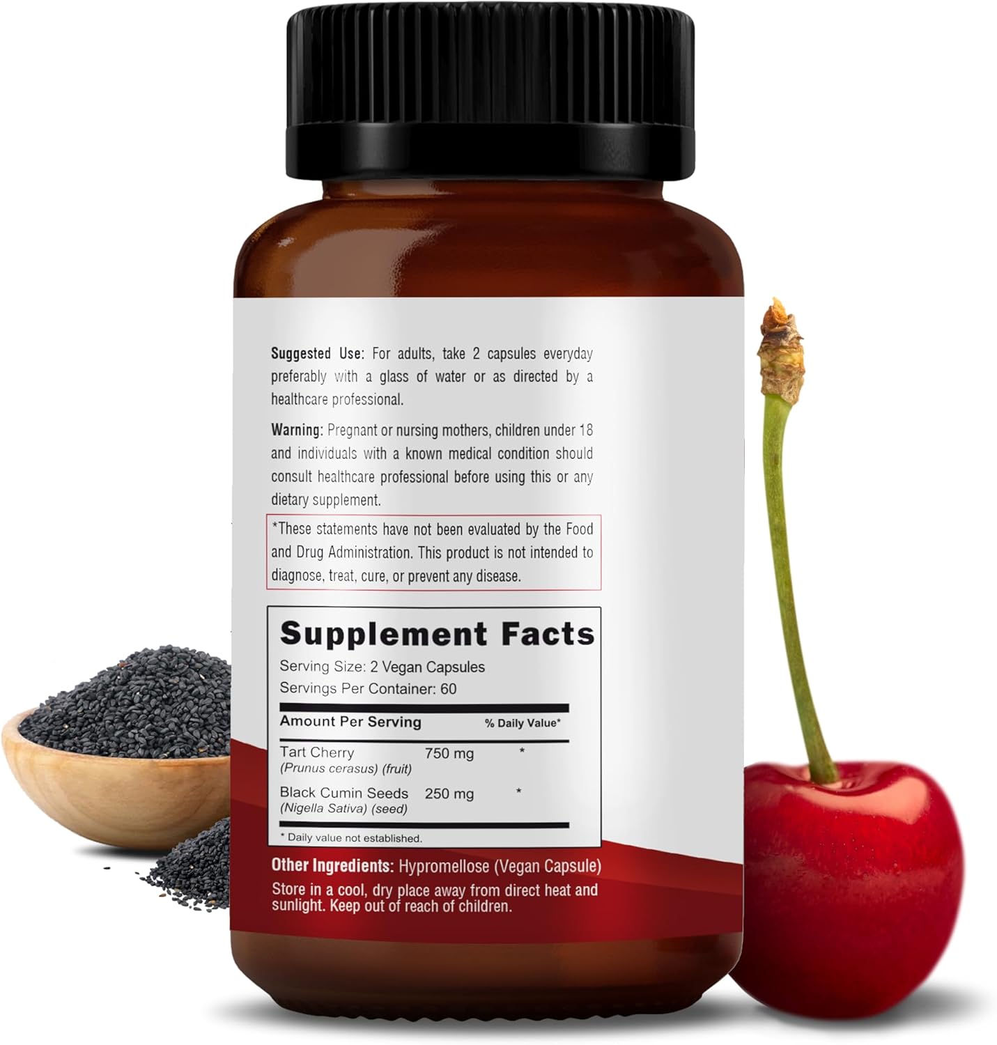 Tart Cherry and Black Seed Powder Capsules, 500mg - 120 Count, Gluten-Free Bottle Packaging by RAWYA Nutrition