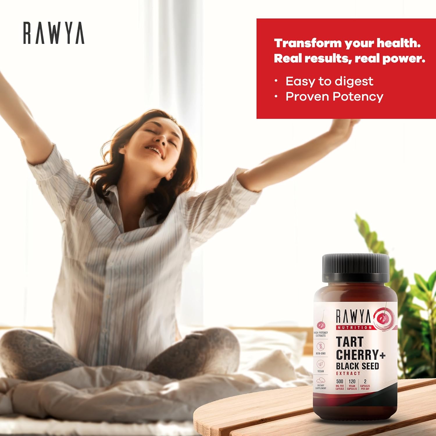 Tart Cherry and Black Seed Powder Capsules, 500mg - 120 Count, Gluten-Free Bottle Packaging by RAWYA Nutrition