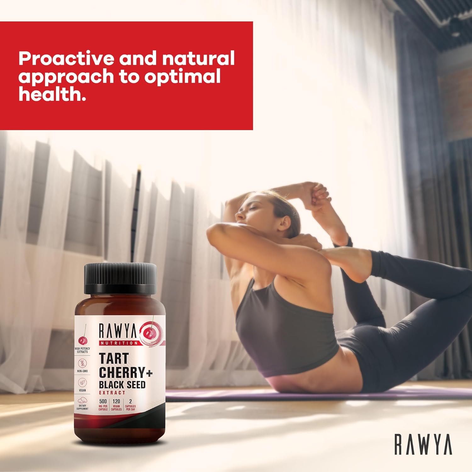 Tart Cherry and Black Seed Powder Capsules, 500mg - 120 Count, Gluten-Free Bottle Packaging by RAWYA Nutrition