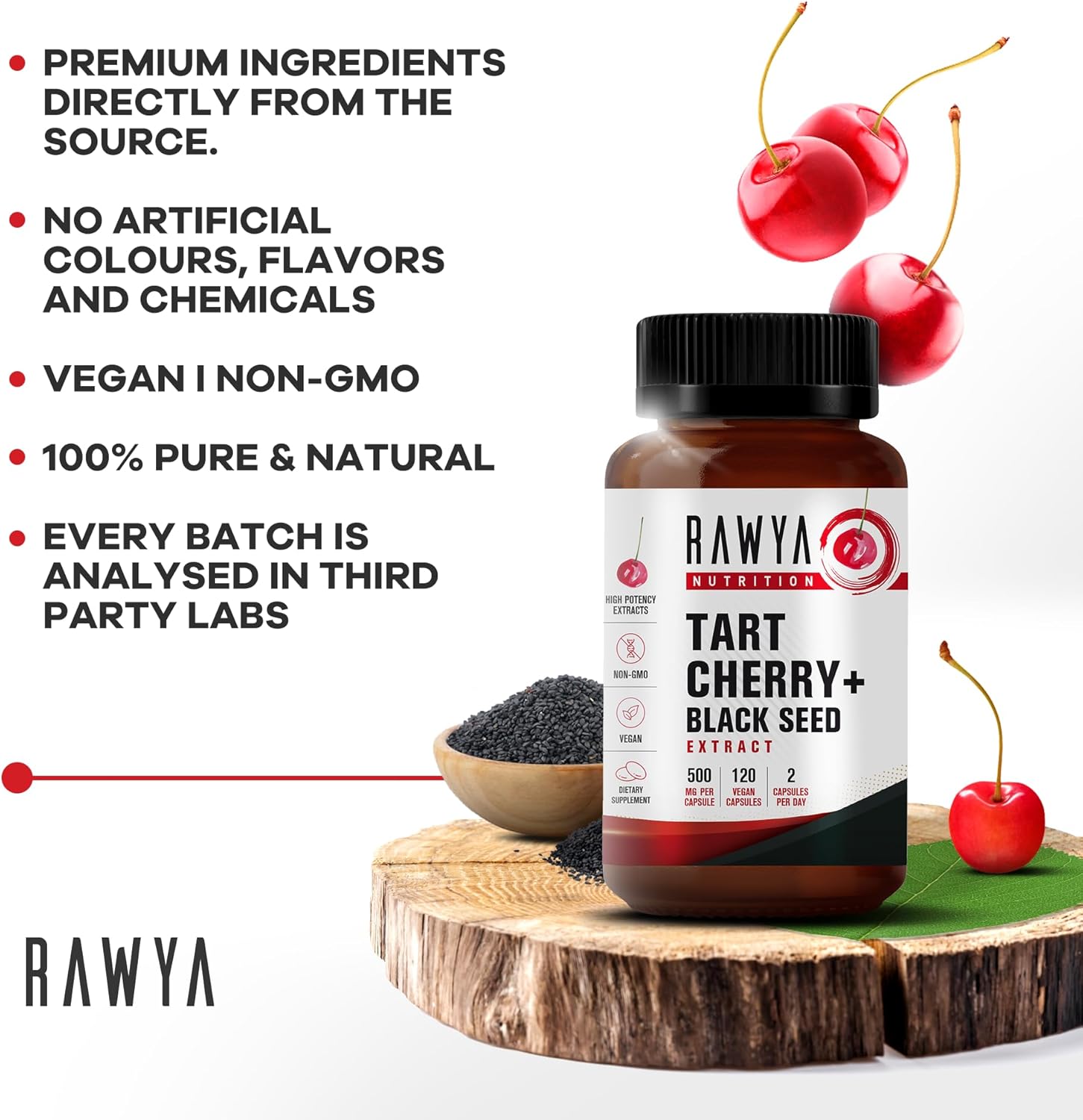 Tart Cherry and Black Seed Powder Capsules, 500mg - 120 Count, Gluten-Free Bottle Packaging by RAWYA Nutrition