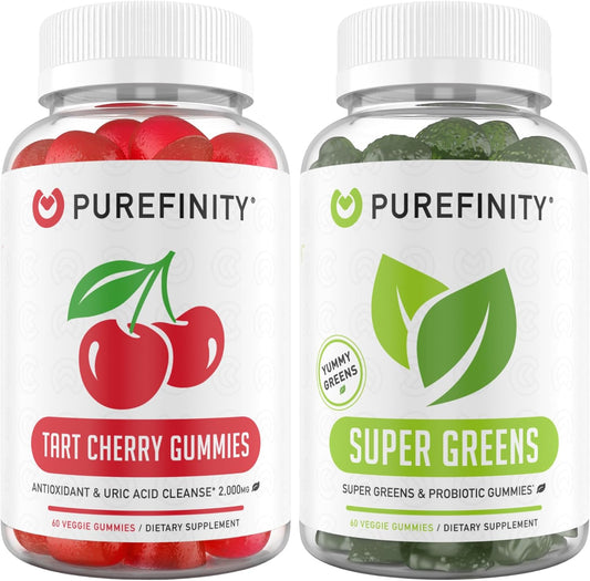 Tart Cherry and Super Greens Gummies Bundle for Uric Acid Flush and Daily Greens Cleansing