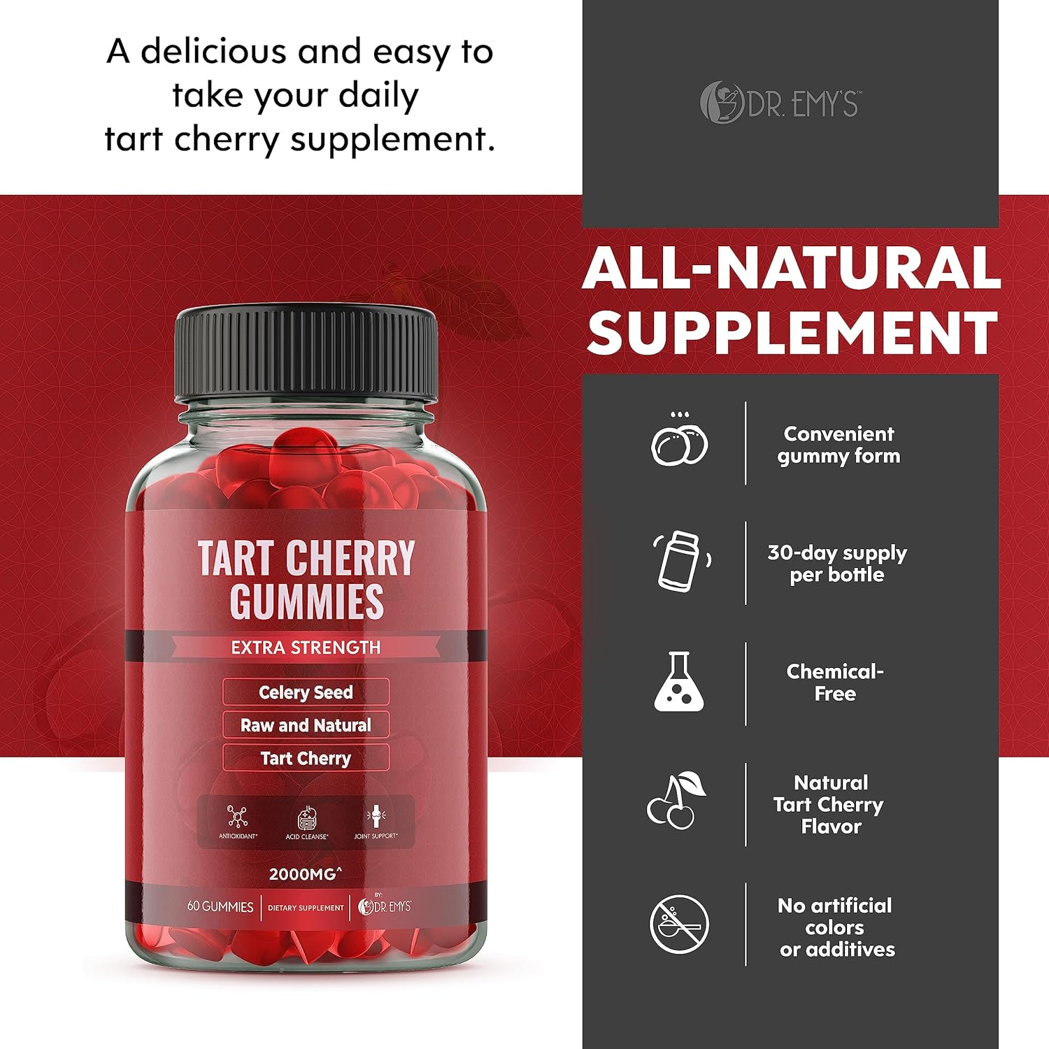 Tart Cherry & Celery Seed Gummies for Joint Comfort and Uric Acid Cleanse - 2,000mg Tart Cherry Extract, 400mg Celery Seed Extract - Vegan & Non-GMO