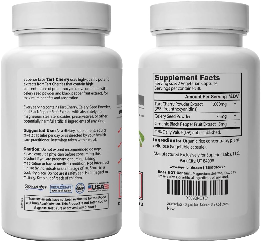 Tart Cherry Extract Capsules - 1000mg, 60 Veg Caps - Supports Uric Acid Balance - Enhanced Absorption with Celery Seed & Black Pepper