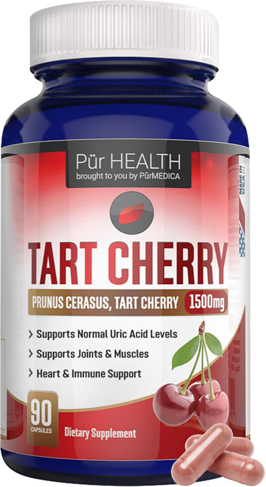 Tart Cherry Extract Capsules for Gout & Joint Support - 1500mg Supplement with Flavonoids - 90ct Cherry Juice Capsules