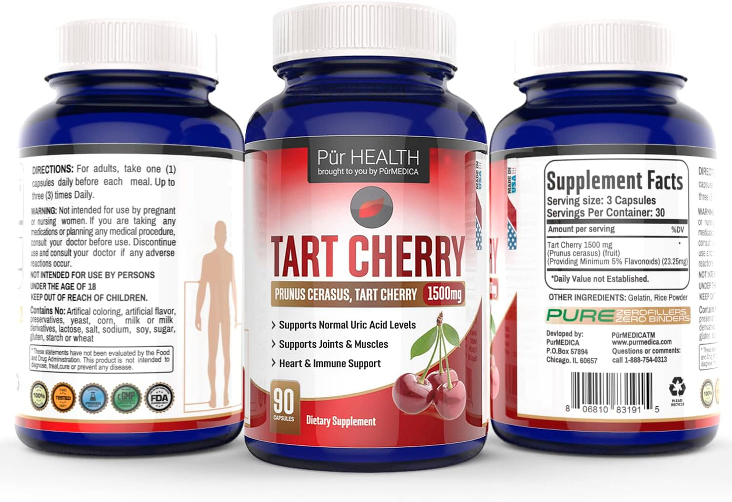 Tart Cherry Extract Capsules for Gout & Joint Support - 1500mg Supplement with Flavonoids - 90ct Cherry Juice Capsules