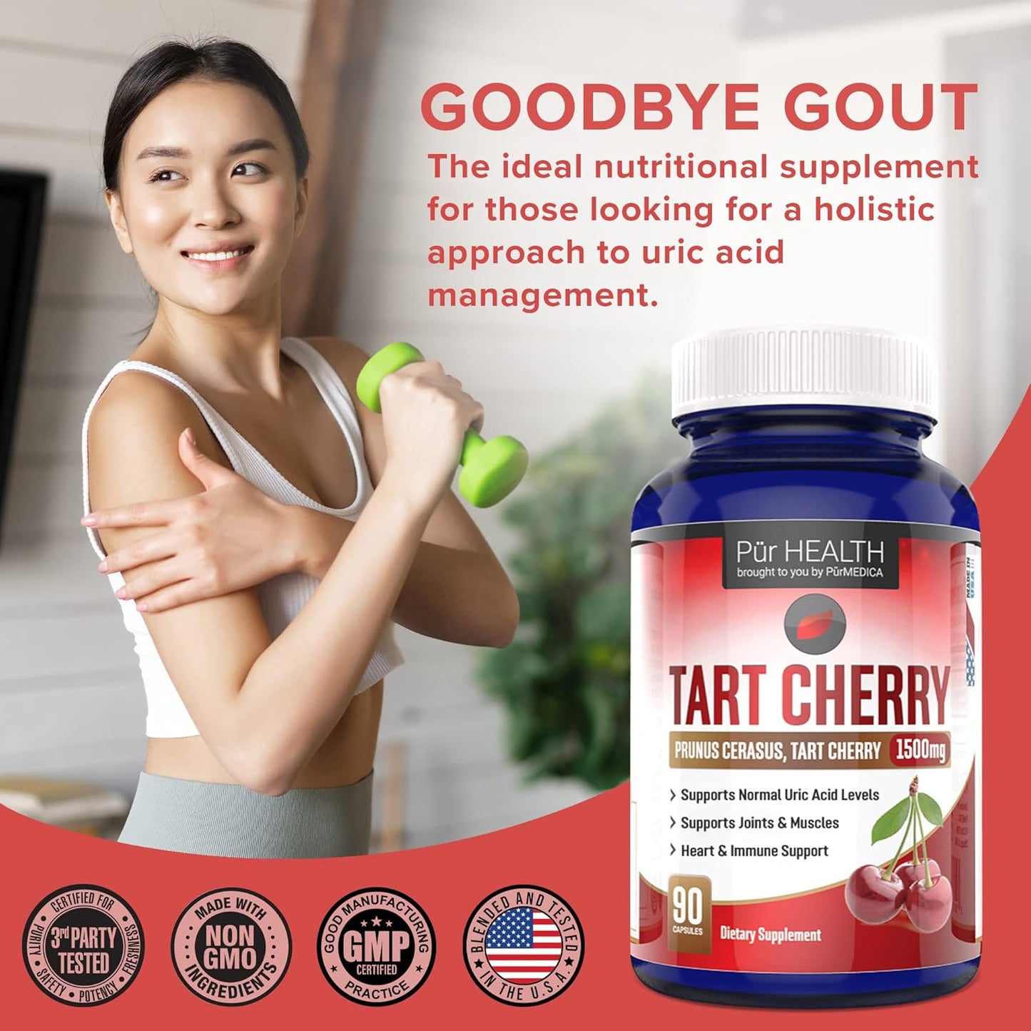 Tart Cherry Extract Capsules for Gout & Joint Support - 1500mg Supplement with Flavonoids - 90ct Cherry Juice Capsules