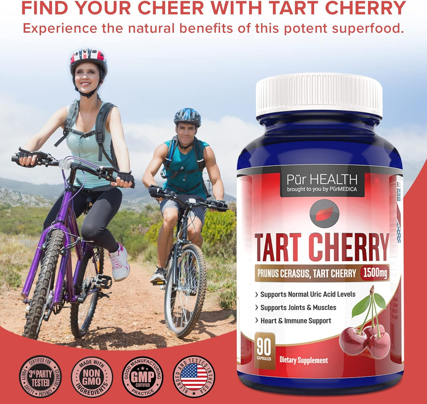 Tart Cherry Extract Capsules for Gout & Joint Support - 1500mg Supplement with Flavonoids - 90ct Cherry Juice Capsules