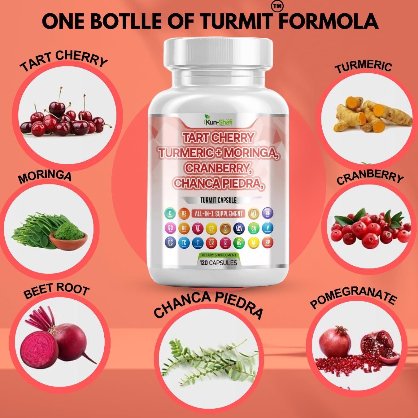 Tart Cherry Extract Capsules with Turmeric, Moringa, Cranberry, Chanca Piedra, Celery, Quercetin, ACV, Pomegranate, and Selenomethionine for Uric Levels - 120 Ct