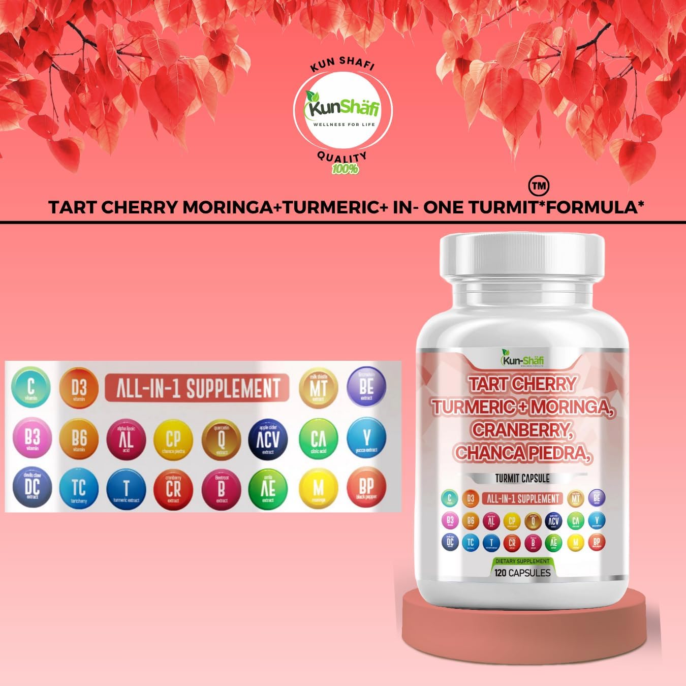 Tart Cherry Extract Capsules with Turmeric, Moringa, Cranberry, Chanca Piedra, Celery, Quercetin, ACV, Pomegranate, and Selenomethionine for Uric Levels - 120 Ct