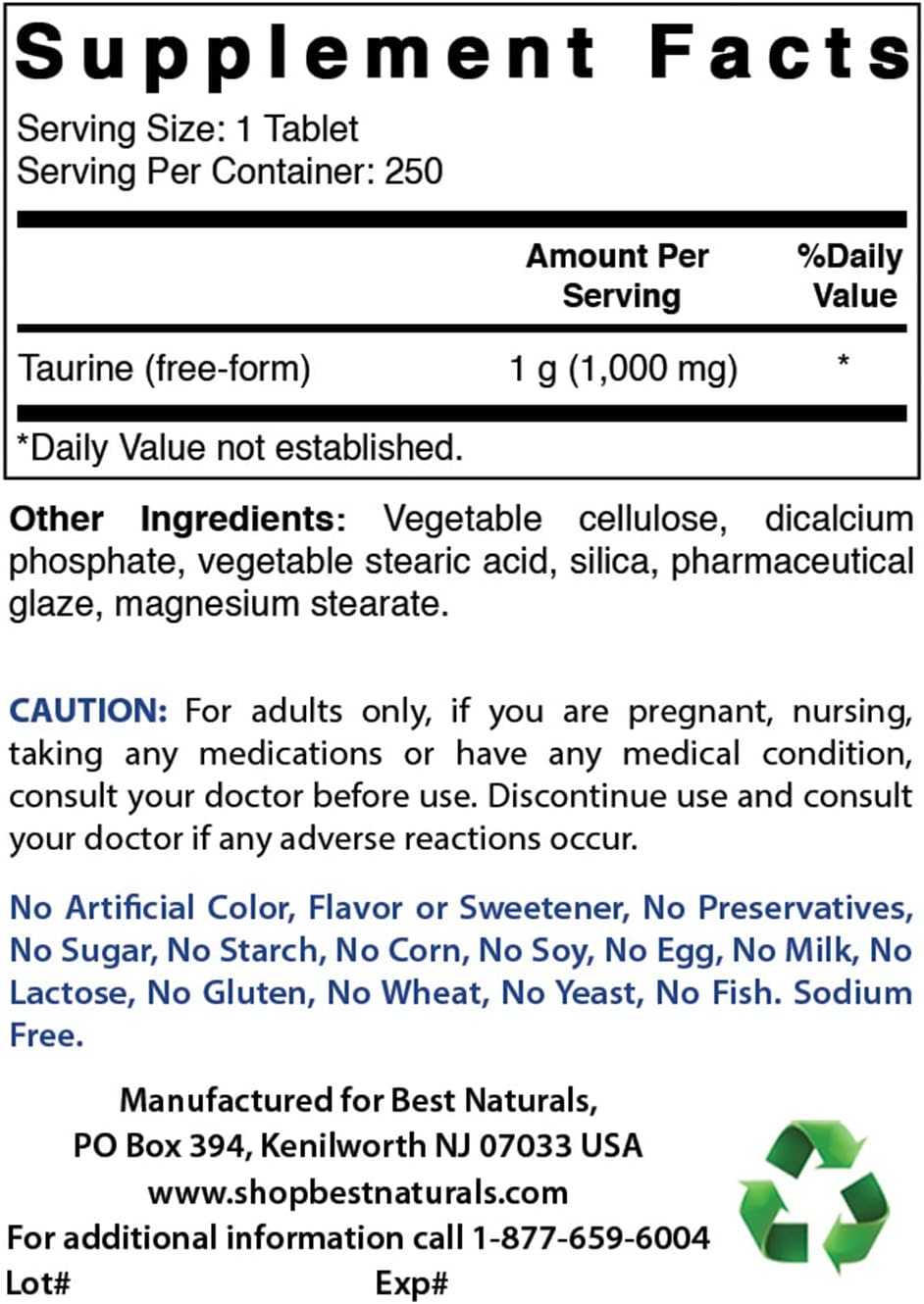 Taurine 1000 mg 500 Tablets - Pack of 2 - High Quality Natural Supplement