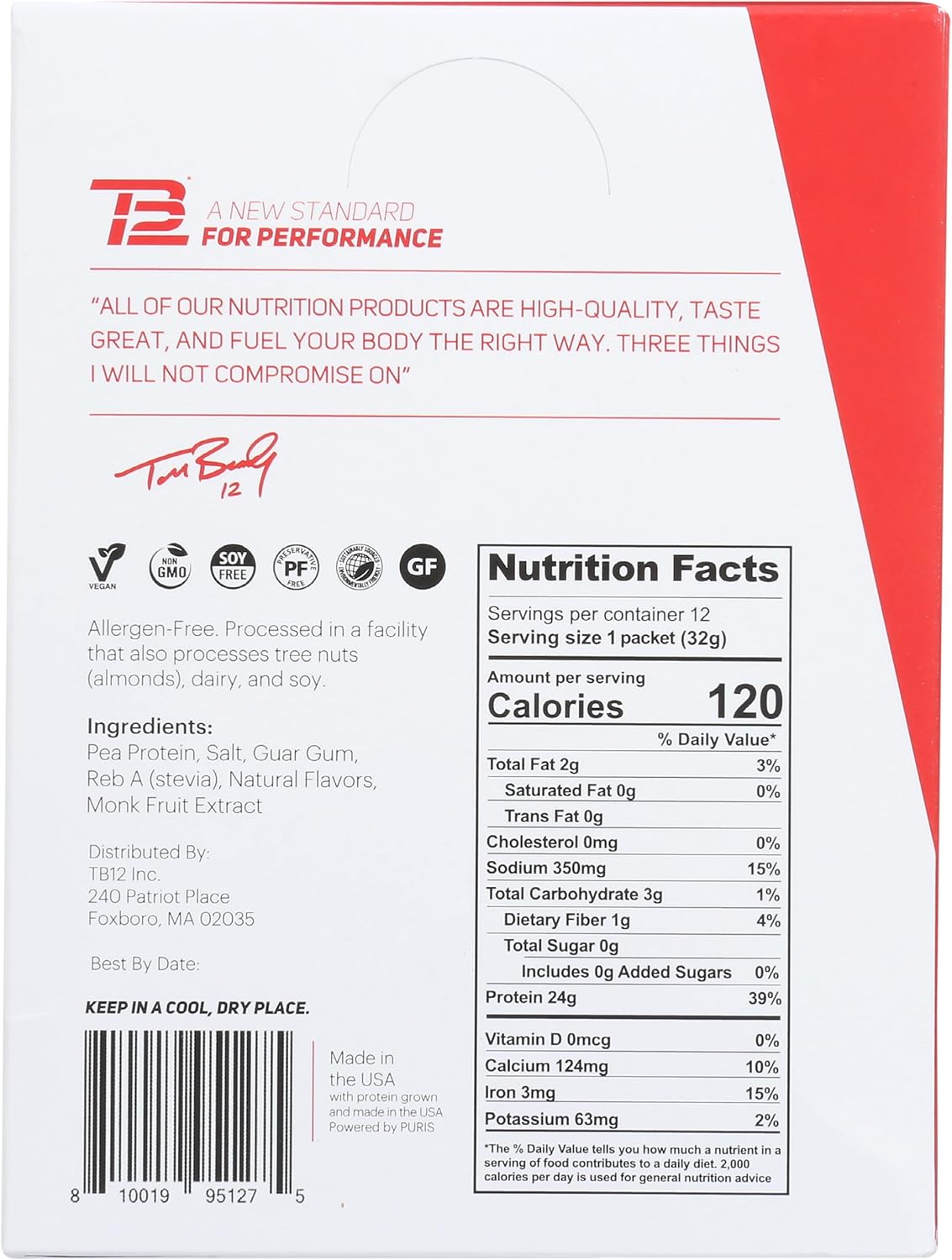 TB12 Vanilla Protein Powder, 1.12 OZ Pack of 12 Individual Servings