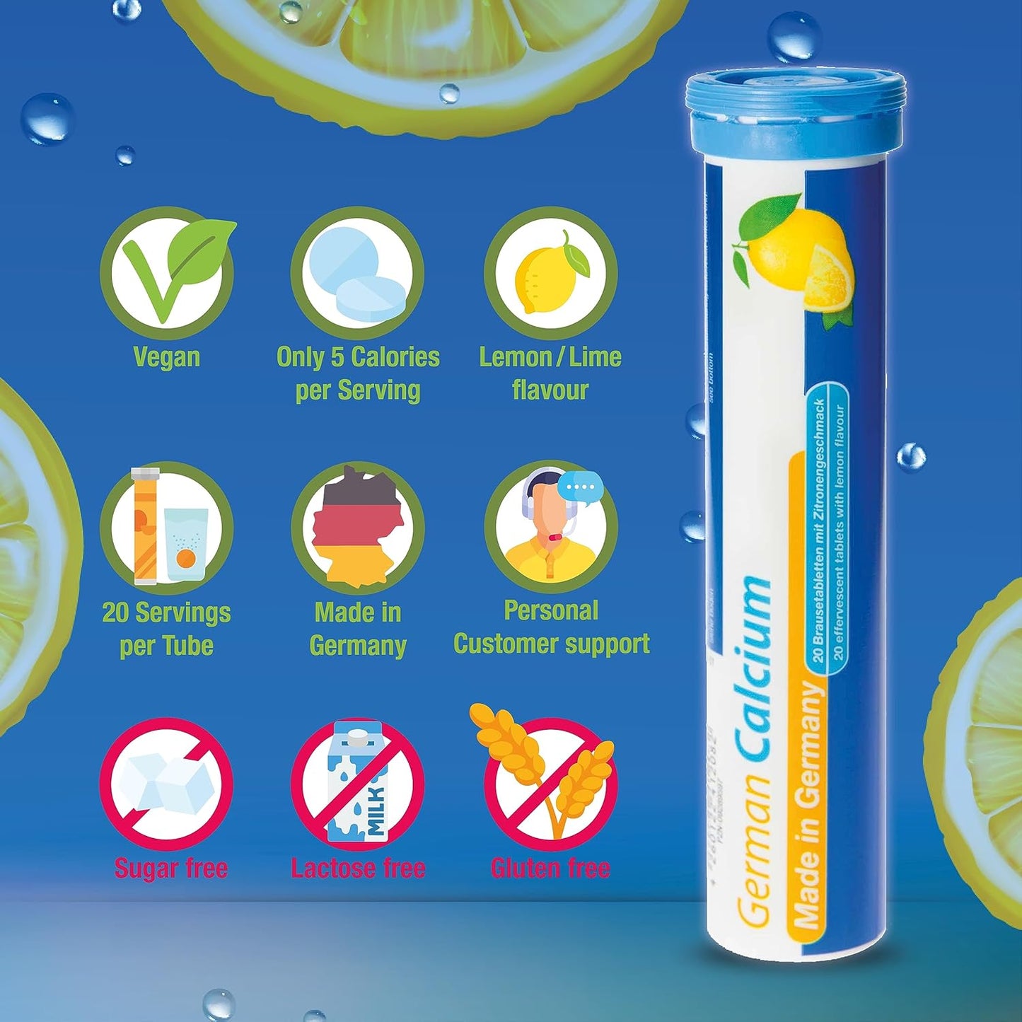 T&D German Calcium 500mg Vegan Effervescent Tablets - Lemon Lime Flavor - 40 Tablets