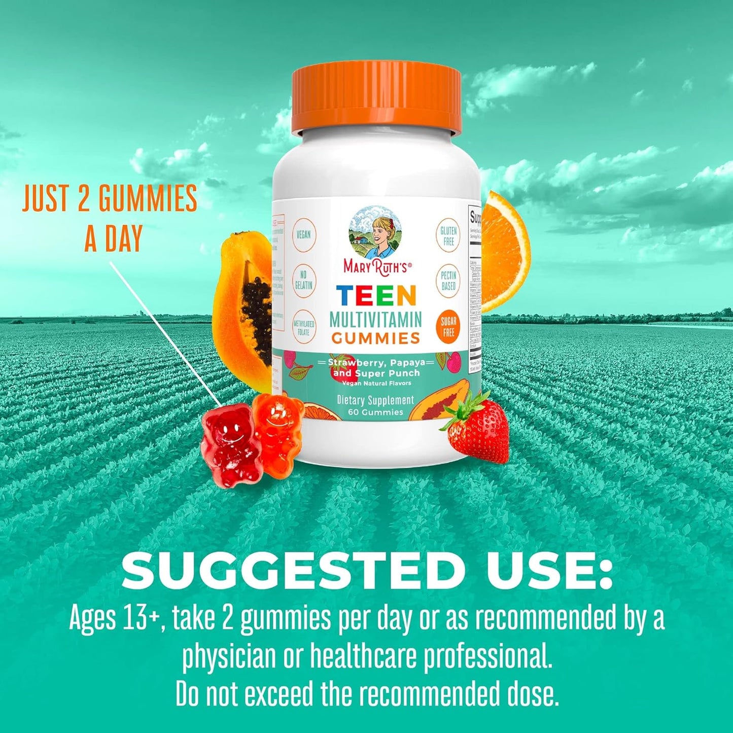 Teen Multivitamin Gummies with Vitamin B, C, D & E - Vegan & Sugar Free - 60 Count