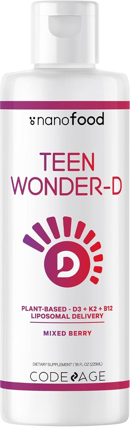 Teen Wonder-D: Liposomal Vegan Vitamin D3 + K2 Liquid Supplement for Teens - Plant-Based B12, Non-GMO, Mixed Berry Flavor - 3-Month Supply (7.6 fl oz)