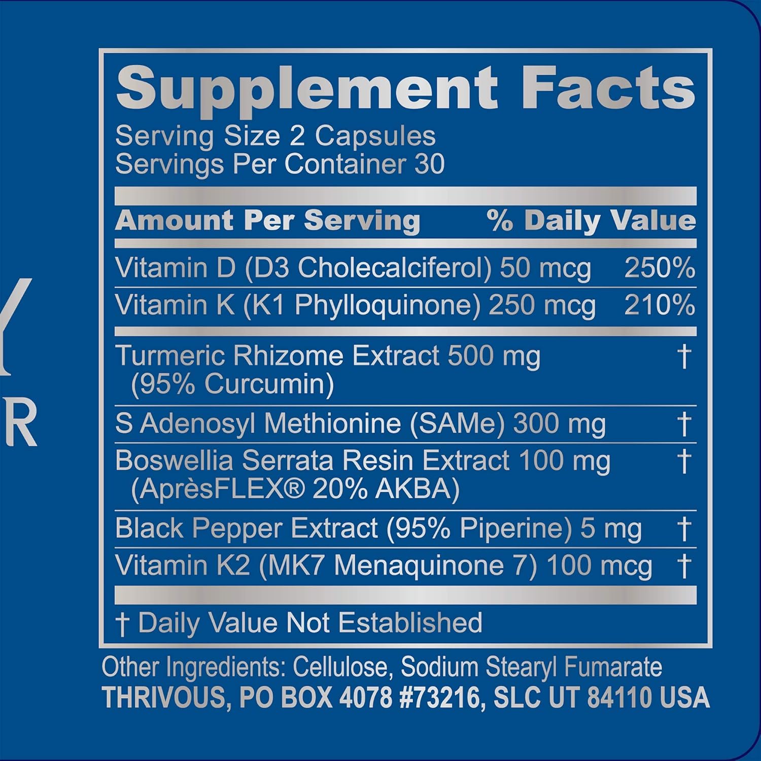 Tenacity Joint & Bone Function Supplement - Turmeric Curcumin, Boswellia, Vitamin D3, K2 MK7, Same - 60 Capsules