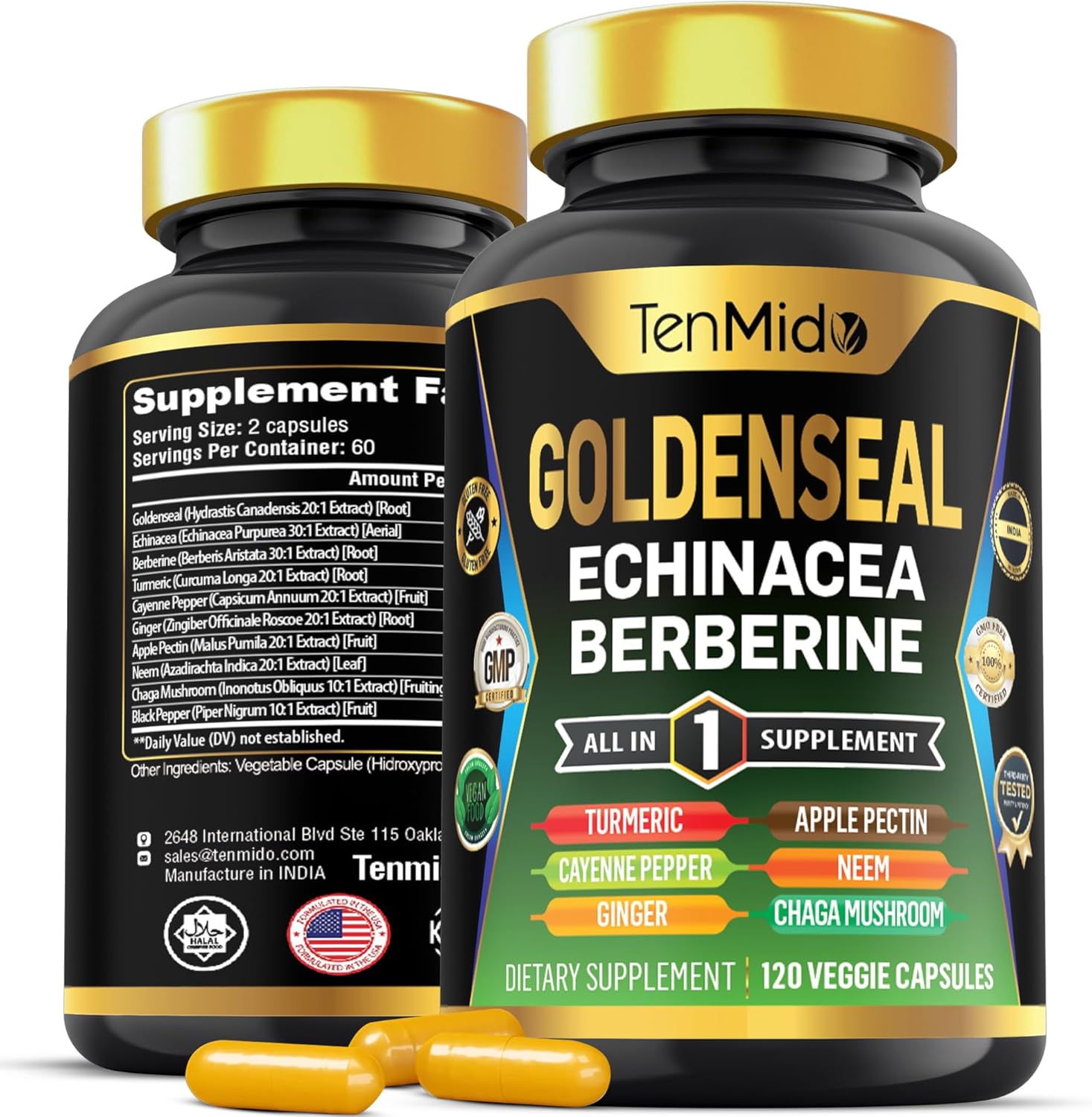 Tenmido 10in1 Goldenseal Root Supplement with Echinacea, Berberine, Turmeric, Cayenne Pepper, Ginger & More - Digestive Health Support - 120 Capsules