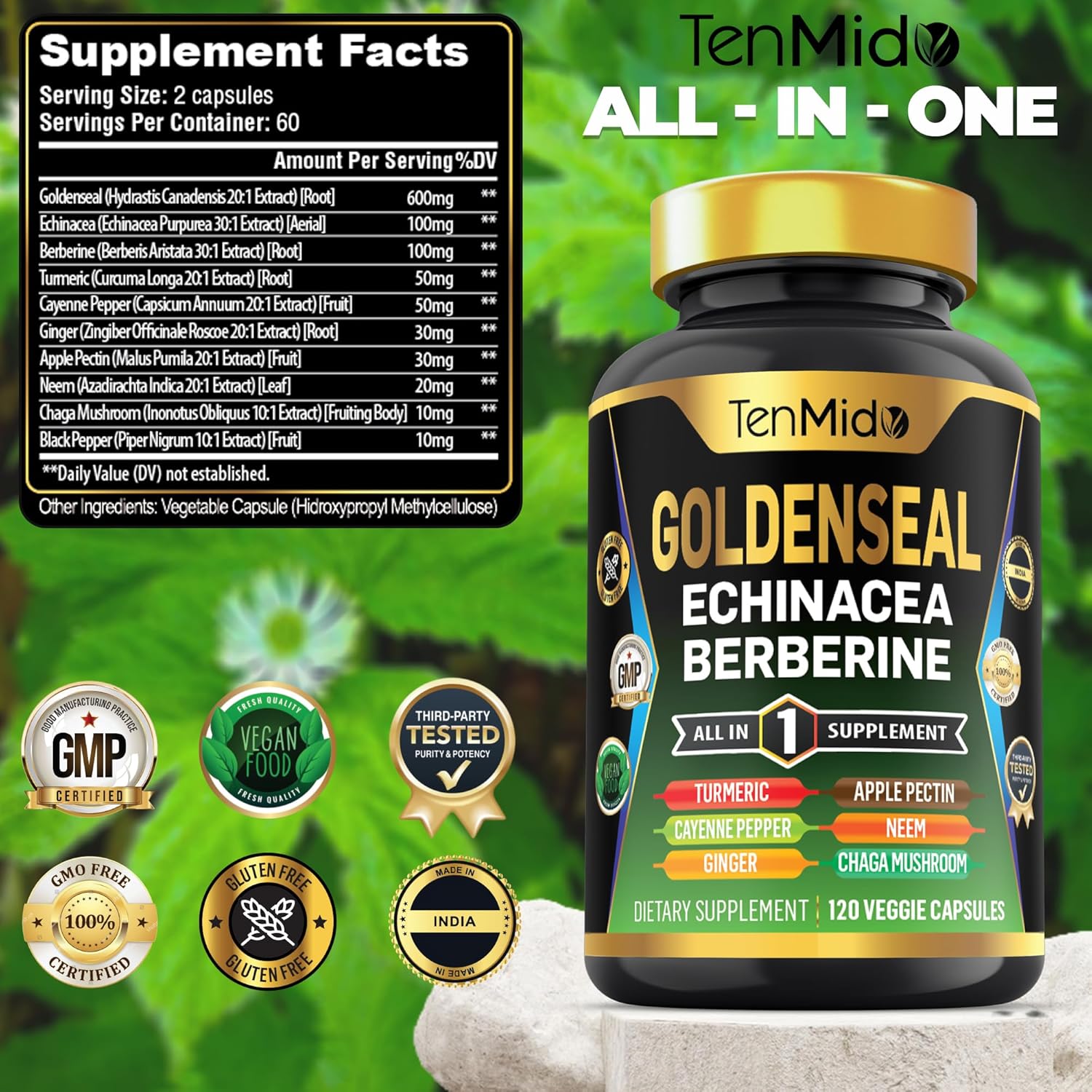 Tenmido 10in1 Goldenseal Root Supplement with Echinacea, Berberine, Turmeric, Cayenne Pepper, Ginger & More - Digestive Health Support - 120 Capsules