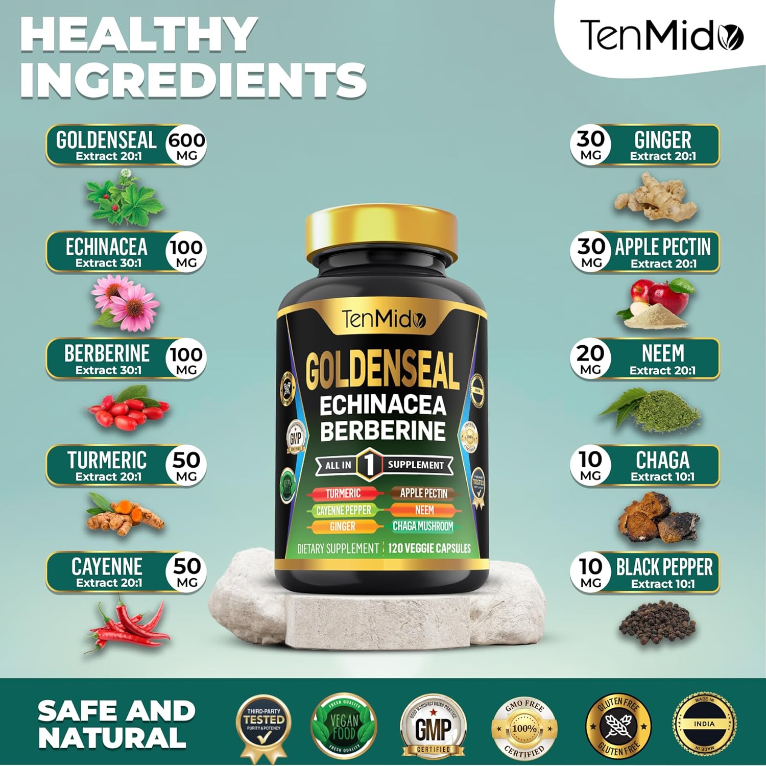 Tenmido 10in1 Goldenseal Root Supplement with Echinacea, Berberine, Turmeric, Cayenne Pepper, Ginger & More - Digestive Health Support - 120 Capsules