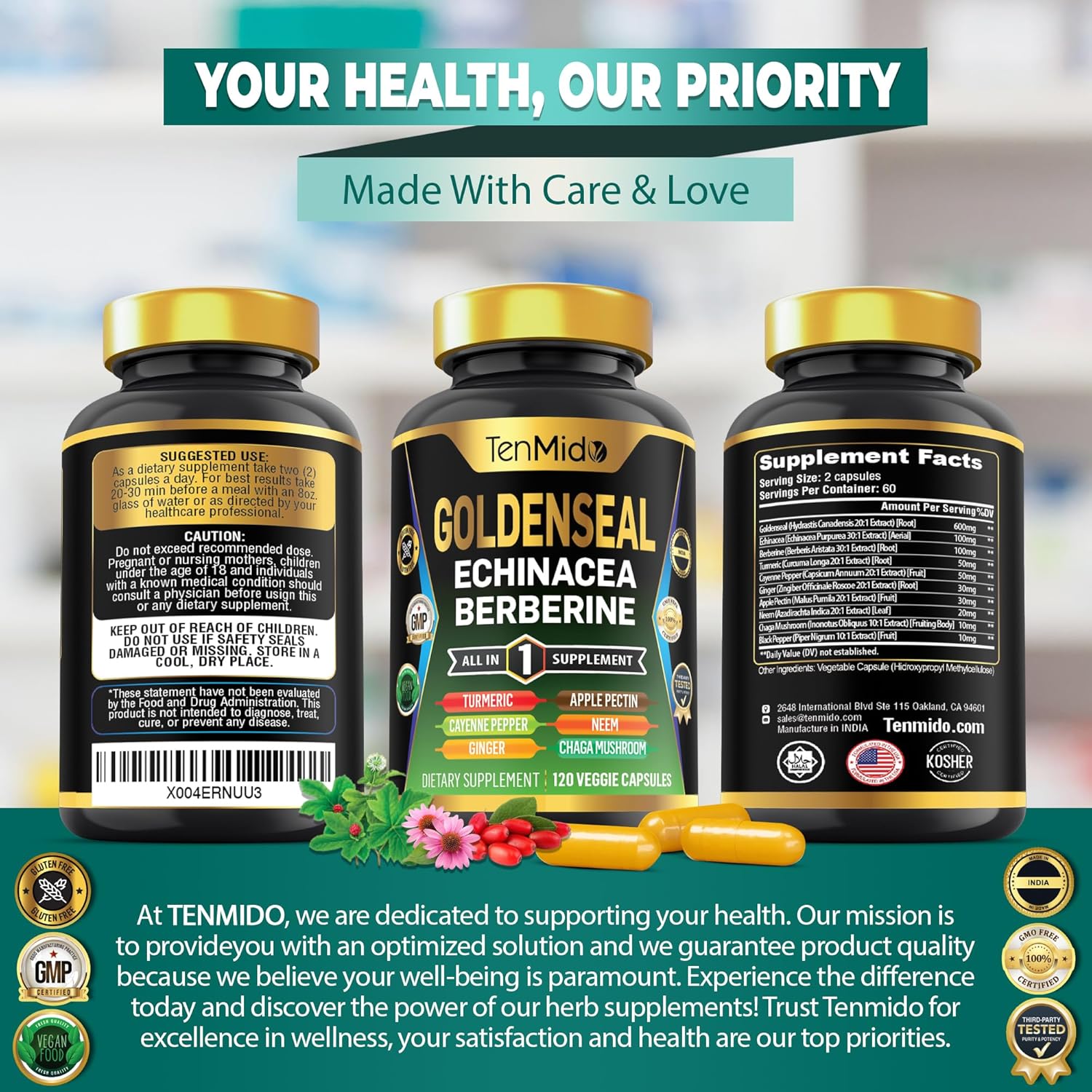 Tenmido 10in1 Goldenseal Root Supplement with Echinacea, Berberine, Turmeric, Cayenne Pepper, Ginger & More - Digestive Health Support - 120 Capsules