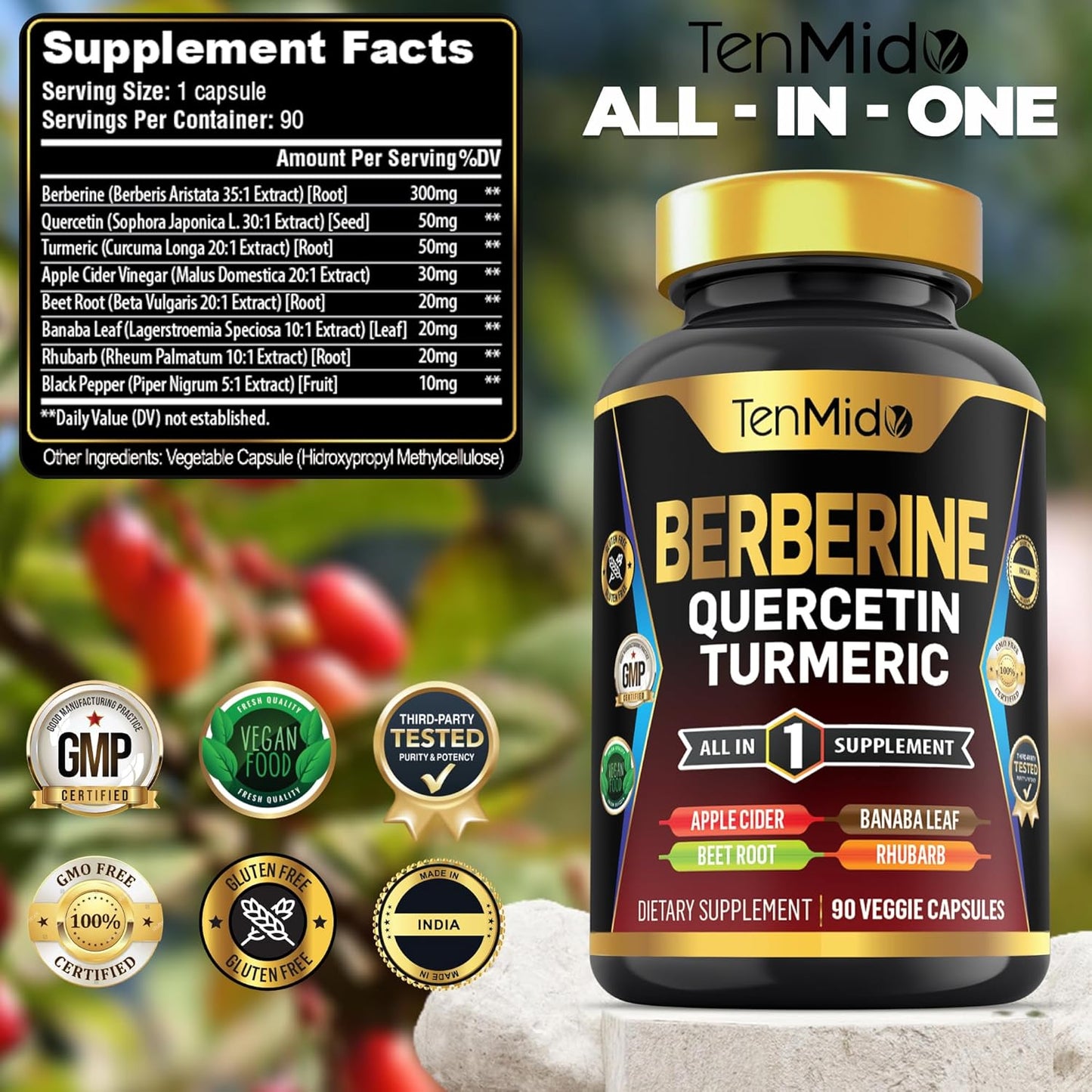 Tenmido Berberine Supplement 8in1 Formula with Quercetin, Turmeric, Apple Cider Vinegar - Digestive & Immune Support - 90 Capsules