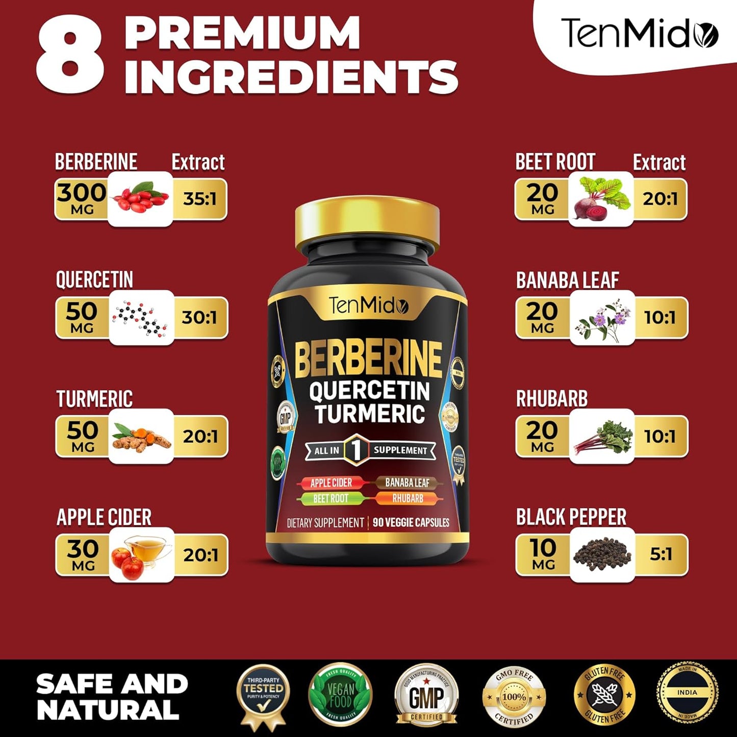 Tenmido Berberine Supplement 8in1 Formula with Quercetin, Turmeric, Apple Cider Vinegar - Digestive & Immune Support - 90 Capsules