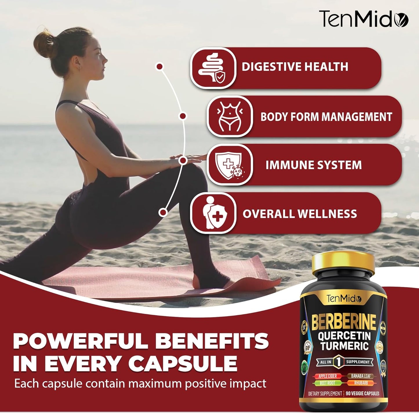 Tenmido Berberine Supplement 8in1 Formula with Quercetin, Turmeric, Apple Cider Vinegar - Digestive & Immune Support - 90 Capsules