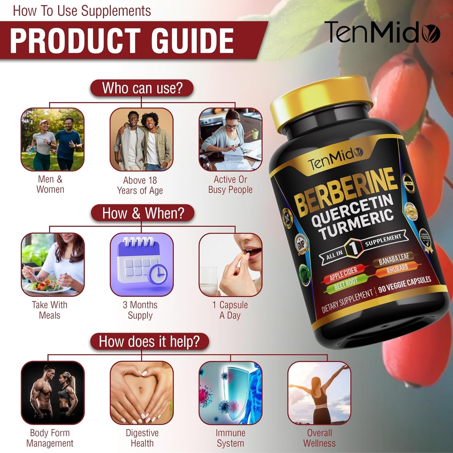 Tenmido Berberine Supplement 8in1 Formula with Quercetin, Turmeric, Apple Cider Vinegar - Digestive & Immune Support - 90 Capsules