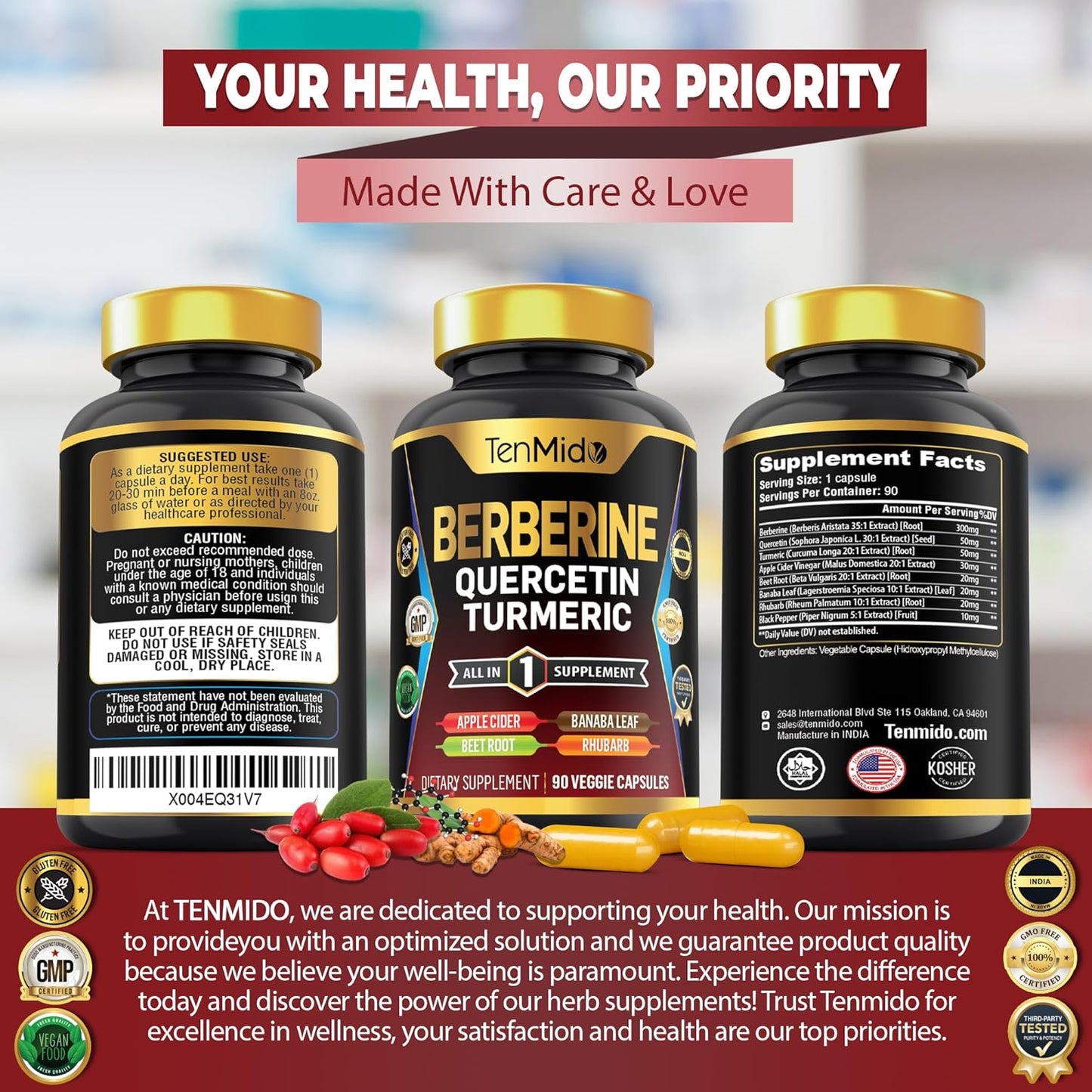 Tenmido Berberine Supplement 8in1 Formula with Quercetin, Turmeric, Apple Cider Vinegar - Digestive & Immune Support - 90 Capsules