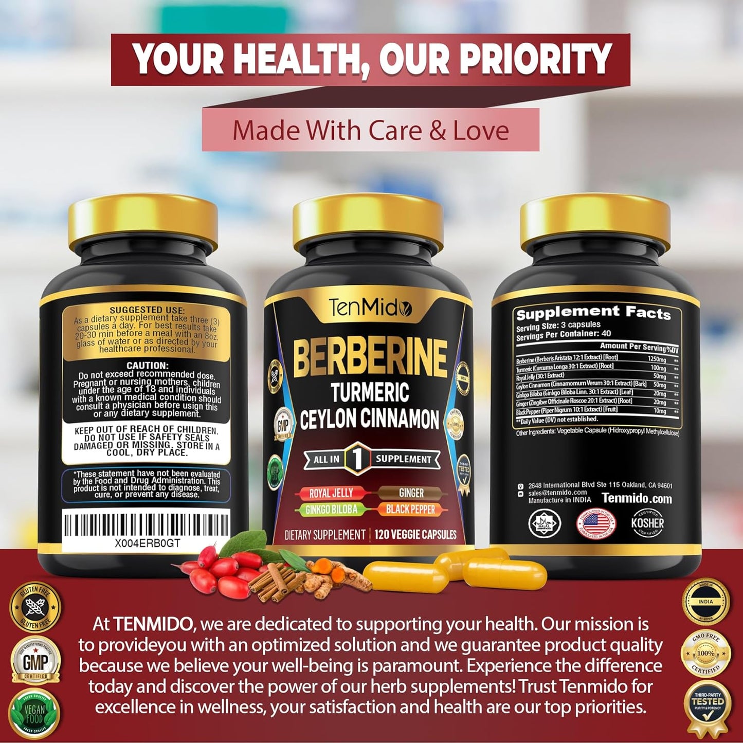 Tenmido Berberine Supplement with 7in1 Formula for Digestive Health and Immune Support - 120 Capsules