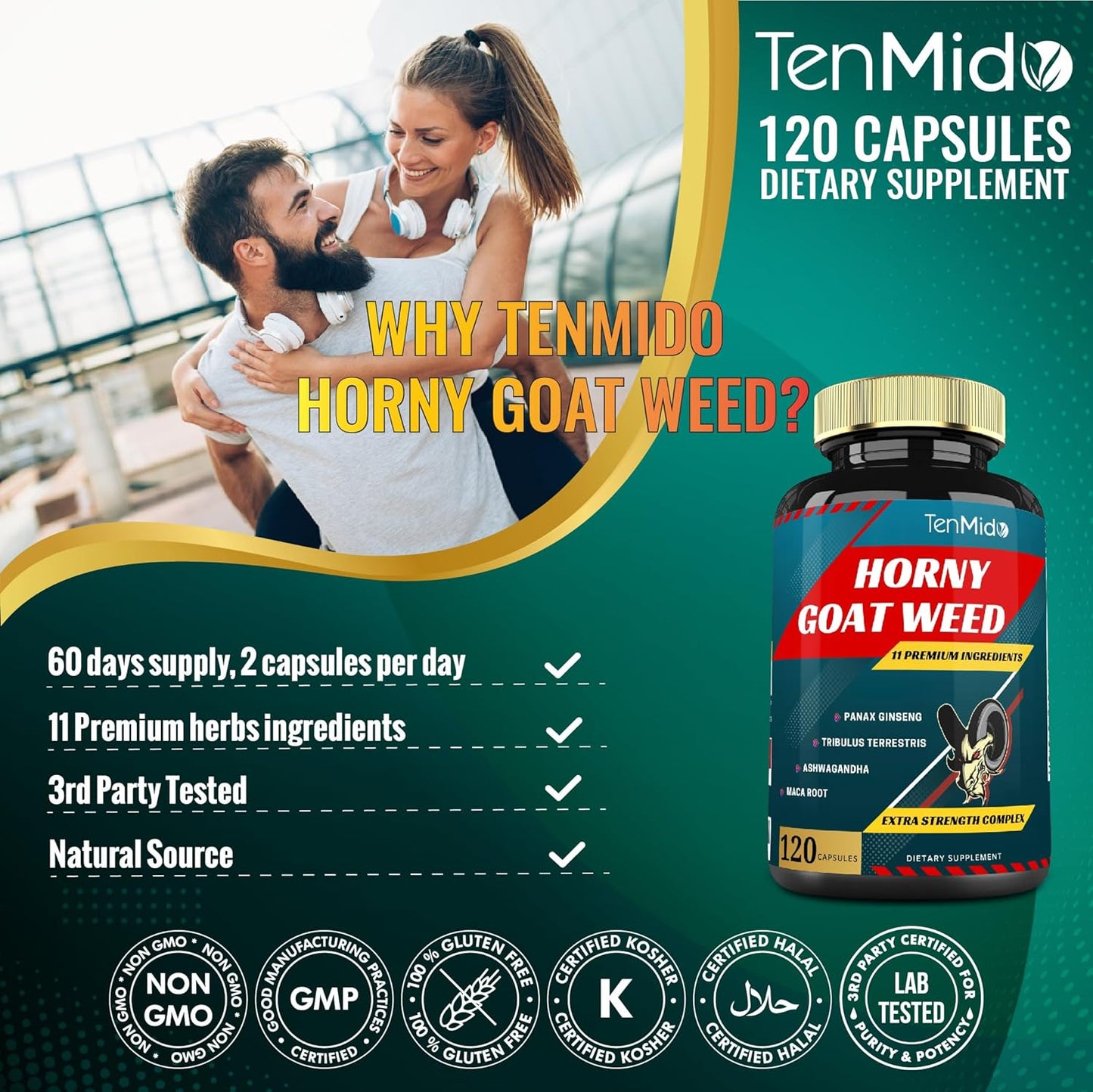 Tenmido Herbal Libido Boost Supplement with Horny Goat Weed, Ginseng, Tribulus, Maca, Ashwagandha, Tongkat Ali - 120 Capsules