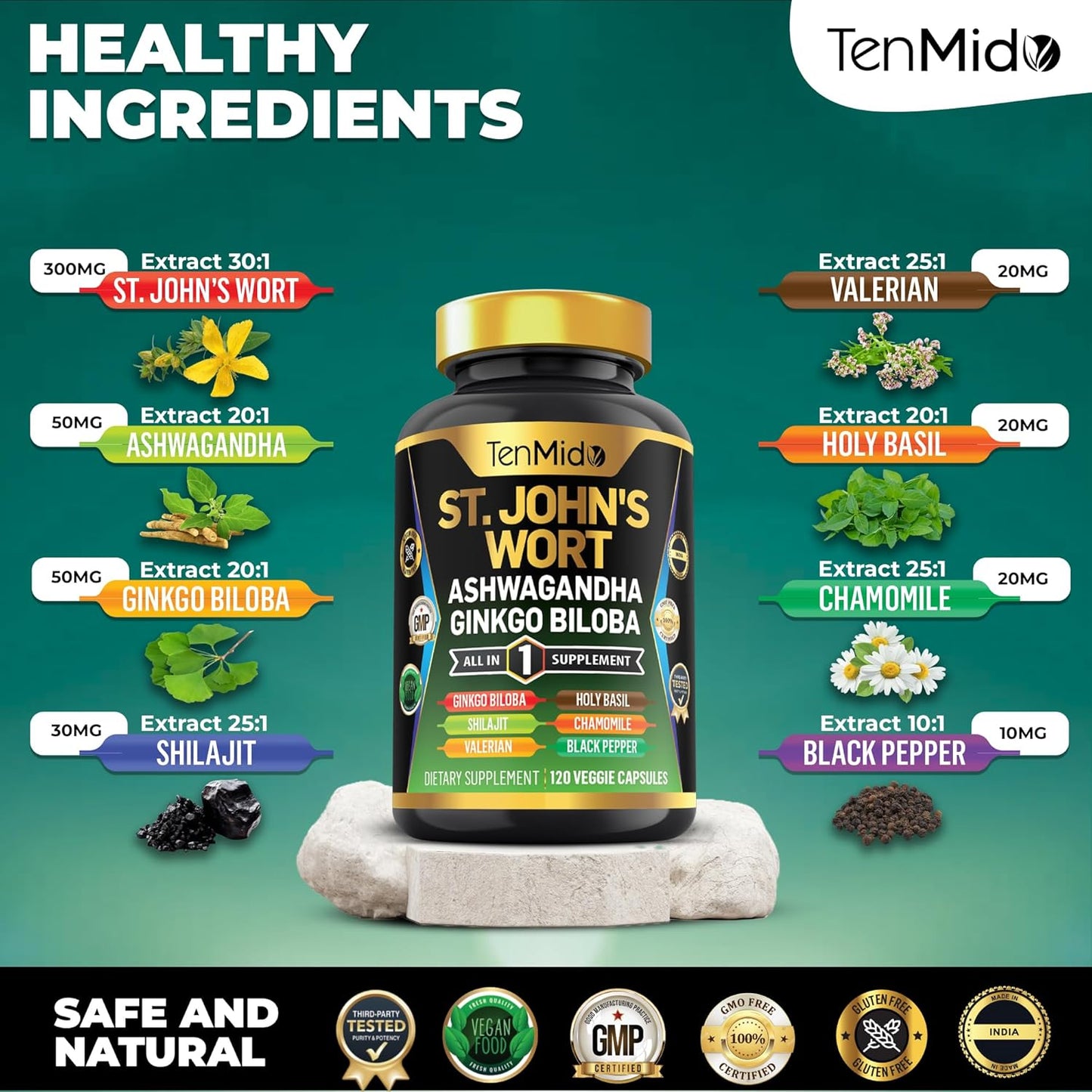 Tenmido St. John's Wort Supplement - 8in1 Formula with Ashwagandha, Ginkgo Biloba, Shilajit, Valerian, Holy Basil, Chamomile, Black Pepper - 120 Vegan Capsules, 4 Months Supply