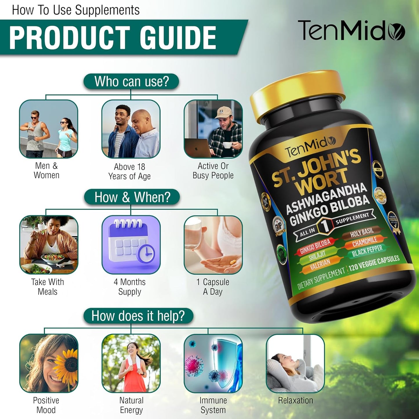 Tenmido St. John's Wort Supplement - 8in1 Formula with Ashwagandha, Ginkgo Biloba, Shilajit, Valerian, Holy Basil, Chamomile, Black Pepper - 120 Vegan Capsules, 4 Months Supply