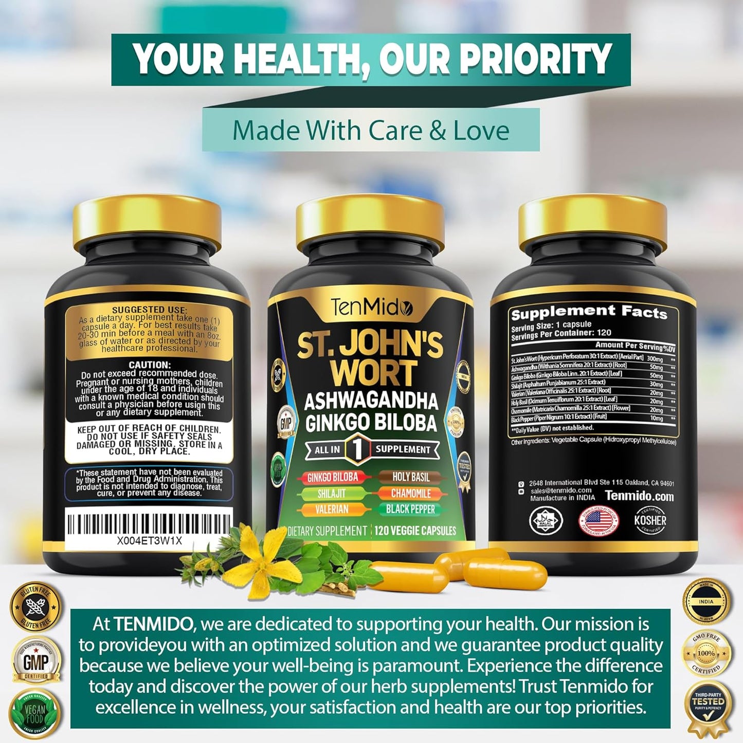 Tenmido St. John's Wort Supplement - 8in1 Formula with Ashwagandha, Ginkgo Biloba, Shilajit, Valerian, Holy Basil, Chamomile, Black Pepper - 120 Vegan Capsules, 4 Months Supply
