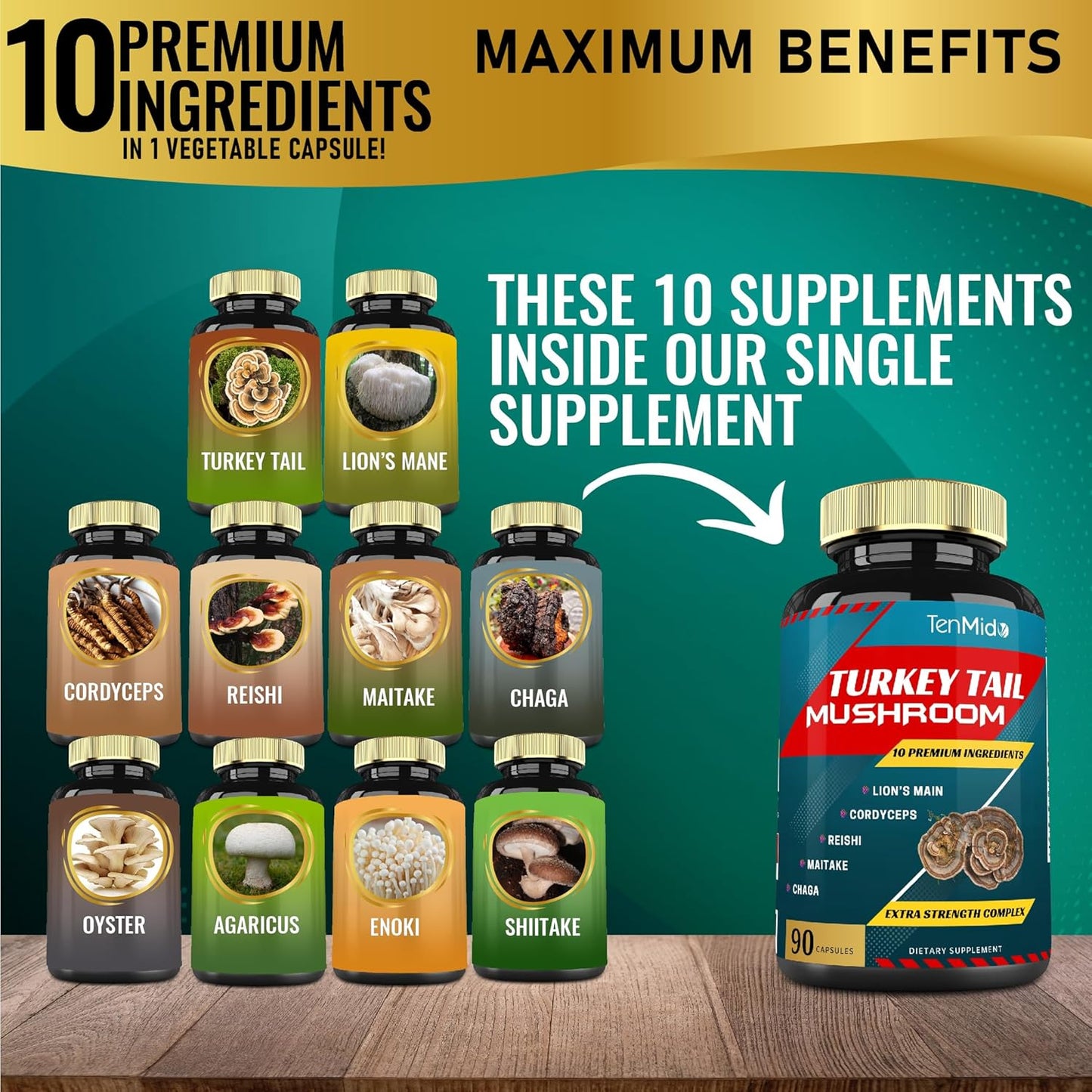 Tenmido Turkey Tail Mushroom Supplement Extract with Lions Mane, Cordyceps, Reishi - 10 Herbs in 1 for Digestive & Immune Support - 90 Day Supply