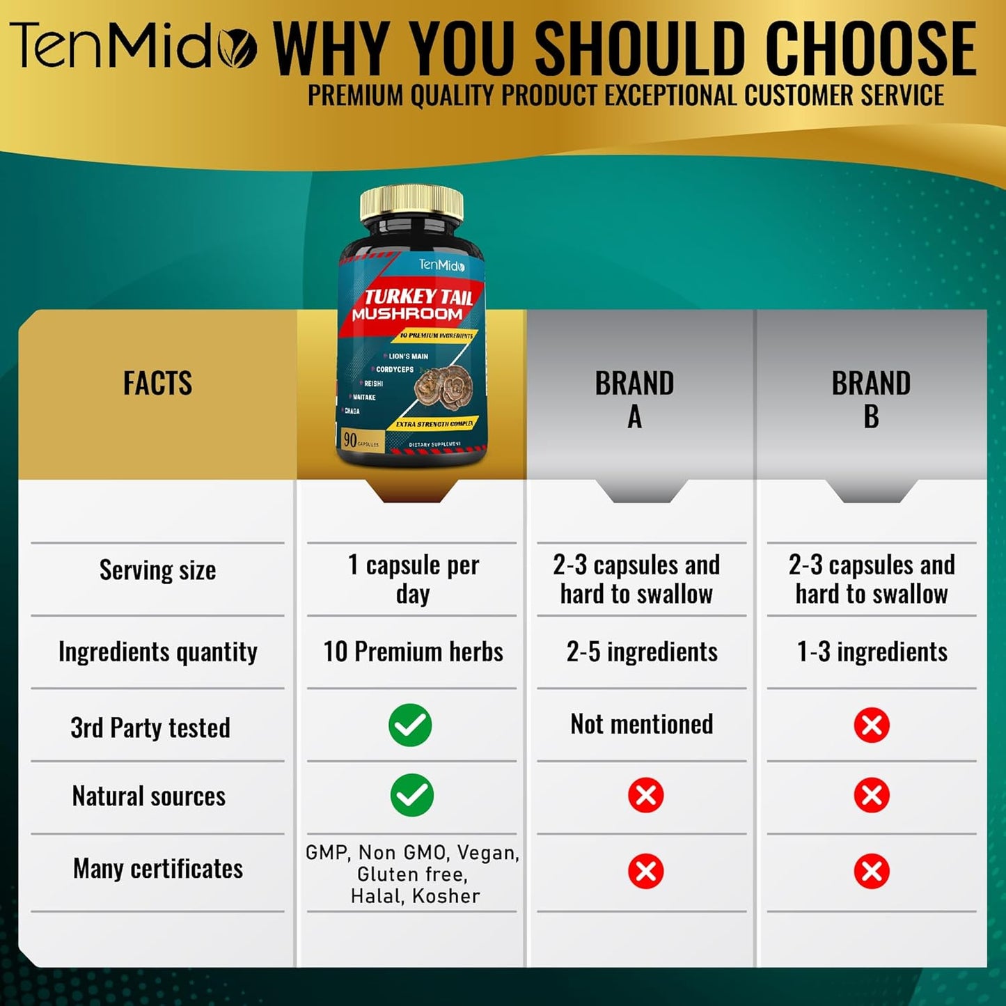 Tenmido Turkey Tail Mushroom Supplement Extract with Lions Mane, Cordyceps, Reishi - 10 Herbs in 1 for Digestive & Immune Support - 90 Day Supply
