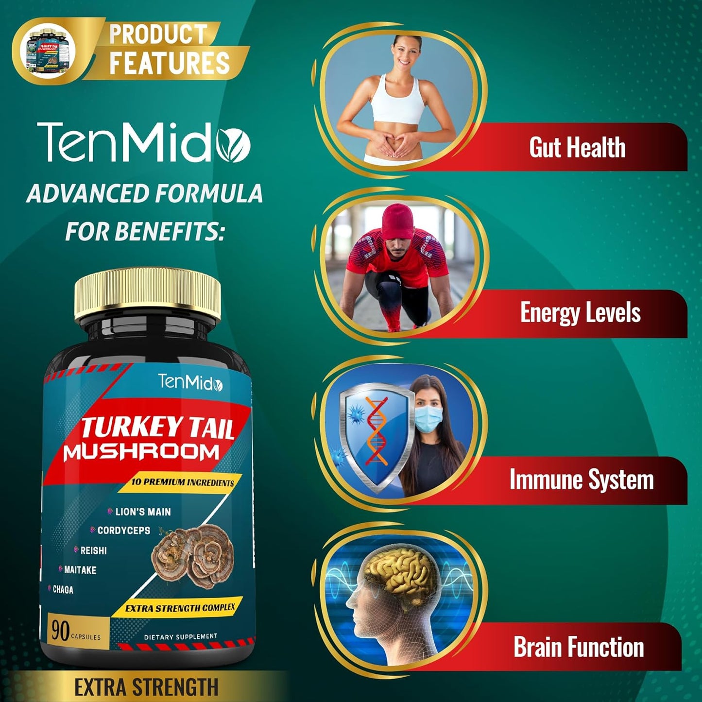 Tenmido Turkey Tail Mushroom Supplement Extract with Lions Mane, Cordyceps, Reishi - 10 Herbs in 1 for Digestive & Immune Support - 90 Day Supply