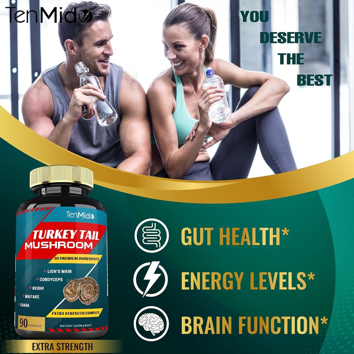 Tenmido Turkey Tail Mushroom Supplement Extract with Lions Mane, Cordyceps, Reishi - 10 Herbs in 1 for Digestive & Immune Support - 90 Day Supply