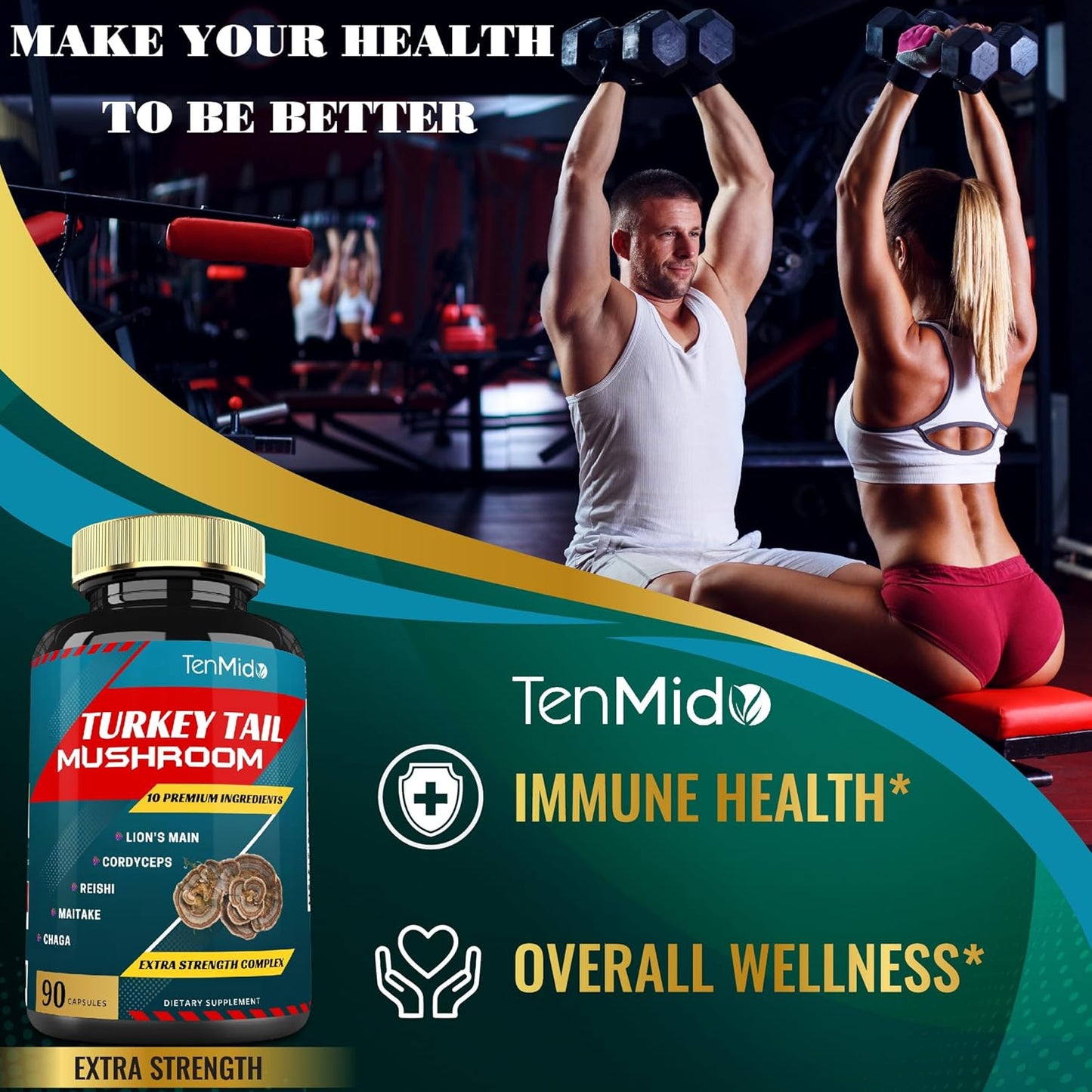 Tenmido Turkey Tail Mushroom Supplement Extract with Lions Mane, Cordyceps, Reishi - 10 Herbs in 1 for Digestive & Immune Support - 90 Day Supply