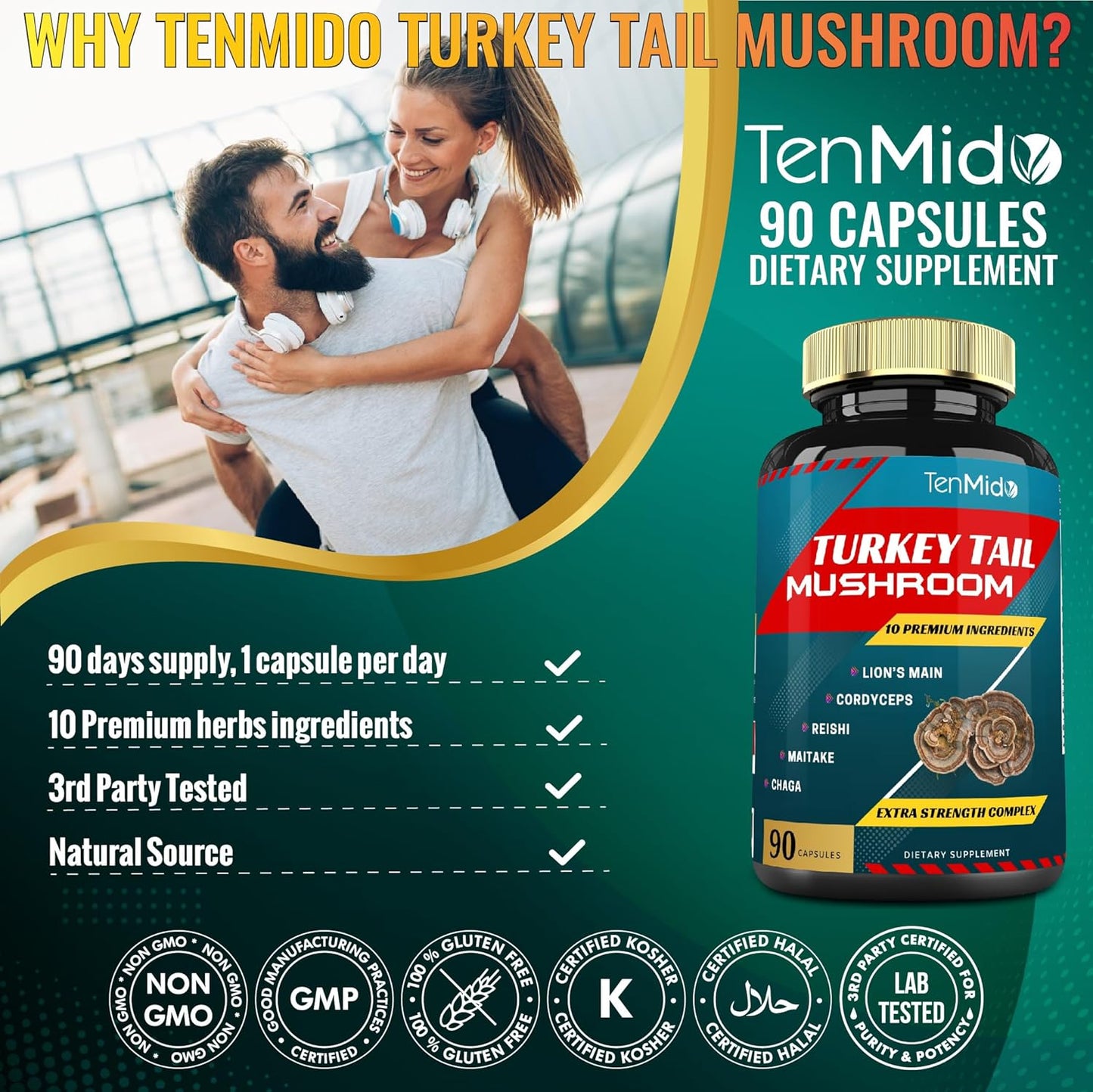 Tenmido Turkey Tail Mushroom Supplement Extract with Lions Mane, Cordyceps, Reishi - 10 Herbs in 1 for Digestive & Immune Support - 90 Day Supply